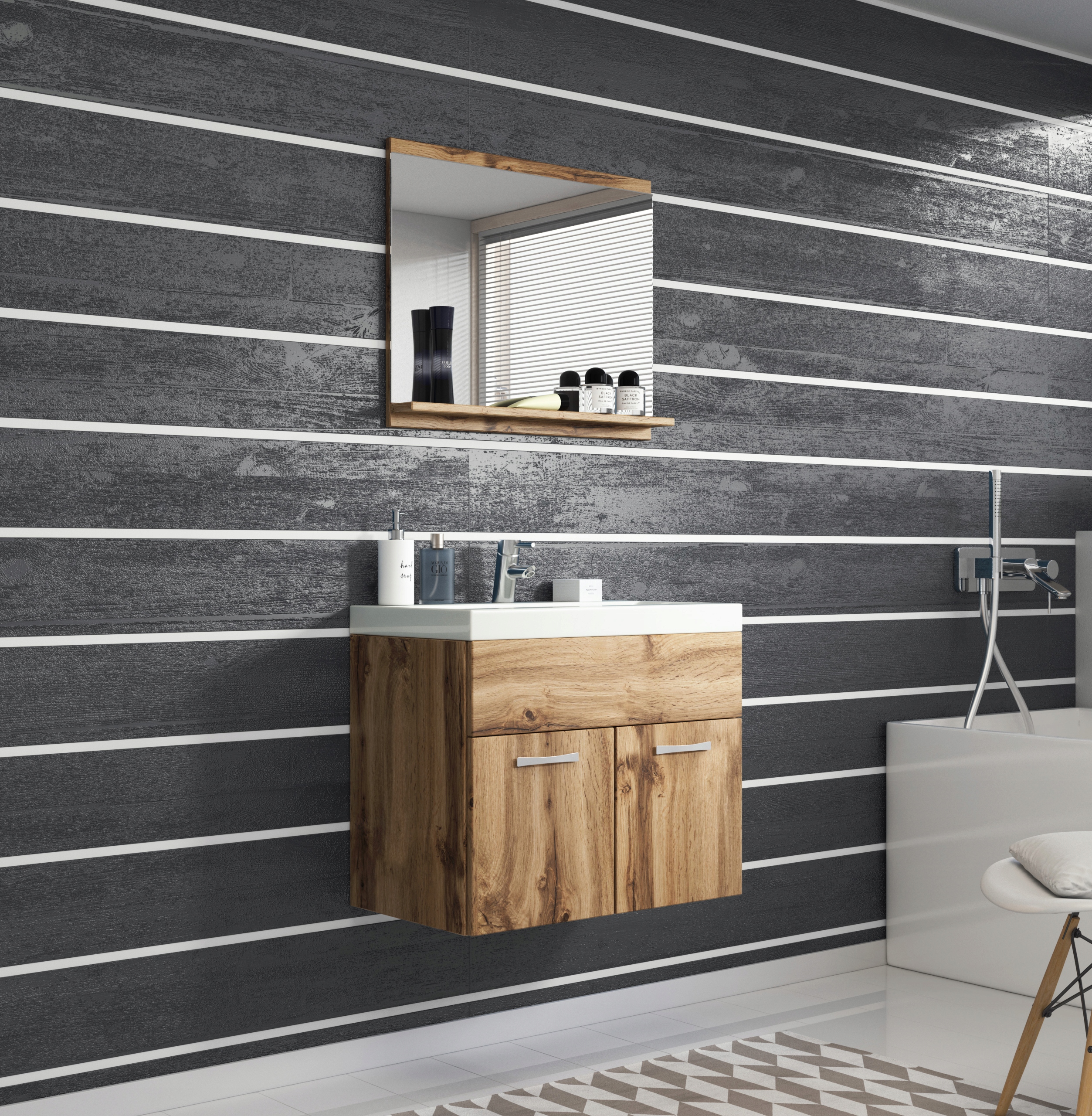 

Szafka łazienkowa z umywalką lustrem dąb wotan 60