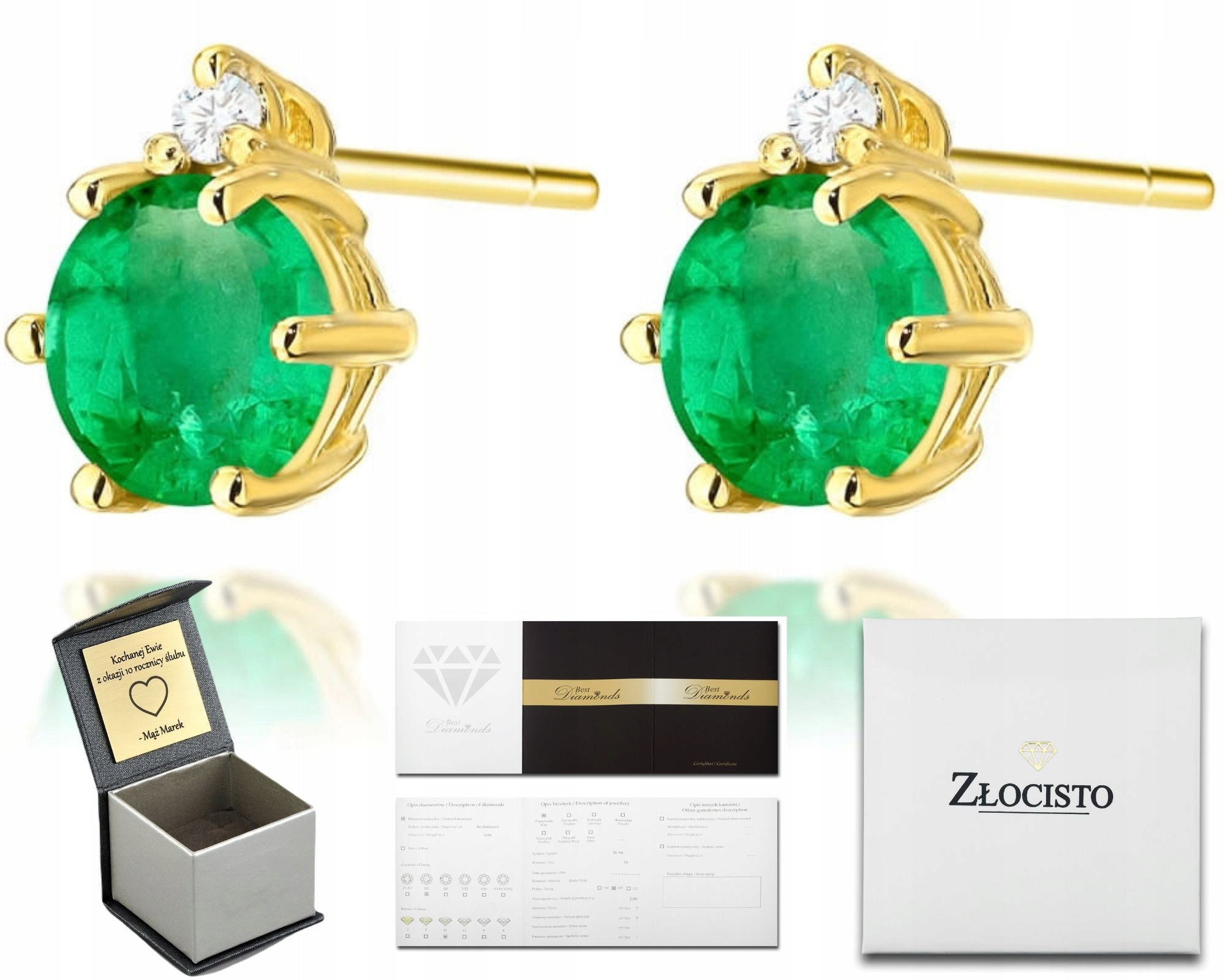 Náušnice Na Tyči Žluté Zlato Zelený Smaragd Diamanty 14K Pro Ženu