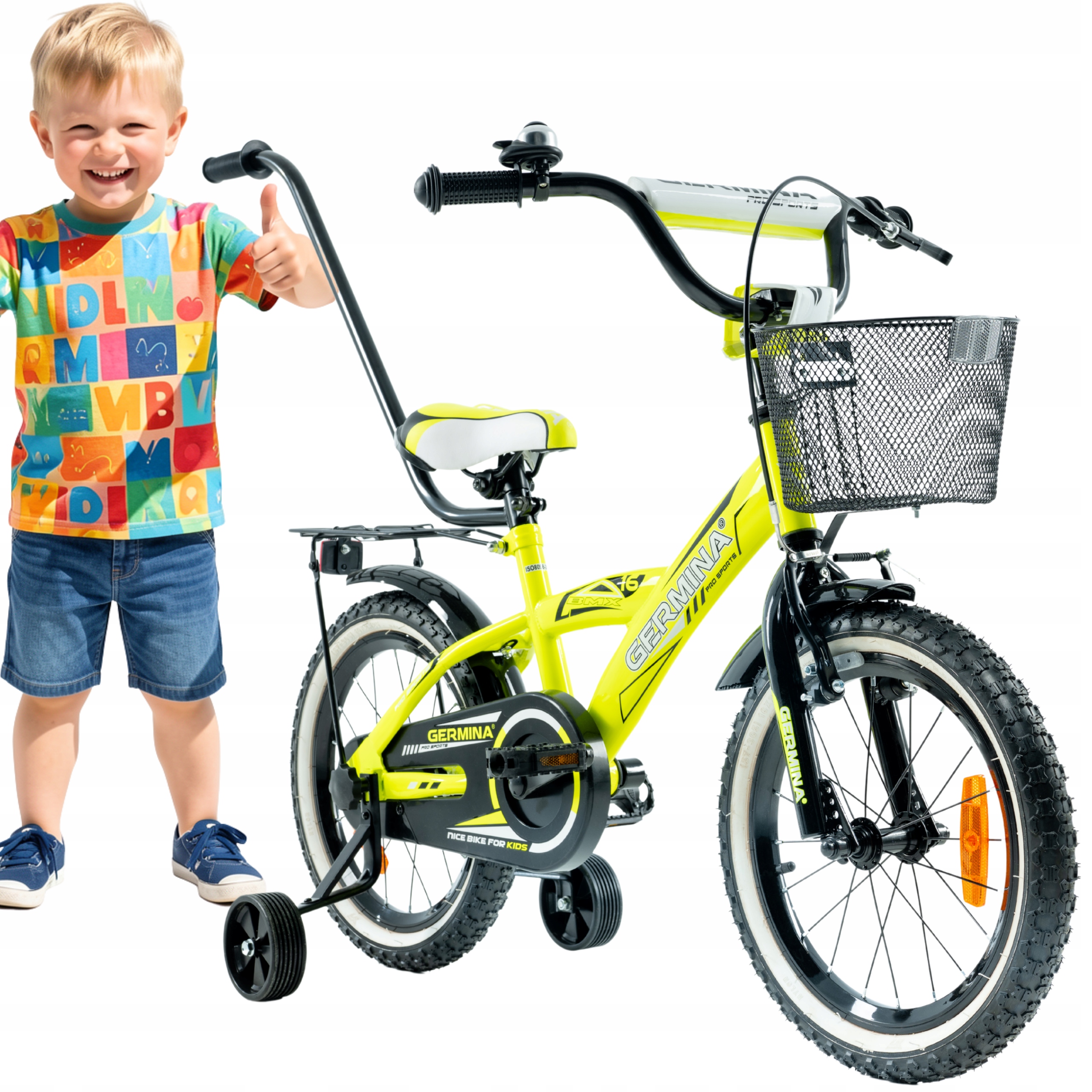 Rowerek dziecięcy dla chłopca 16 cali żółty Bmx koszyk kółka boczne