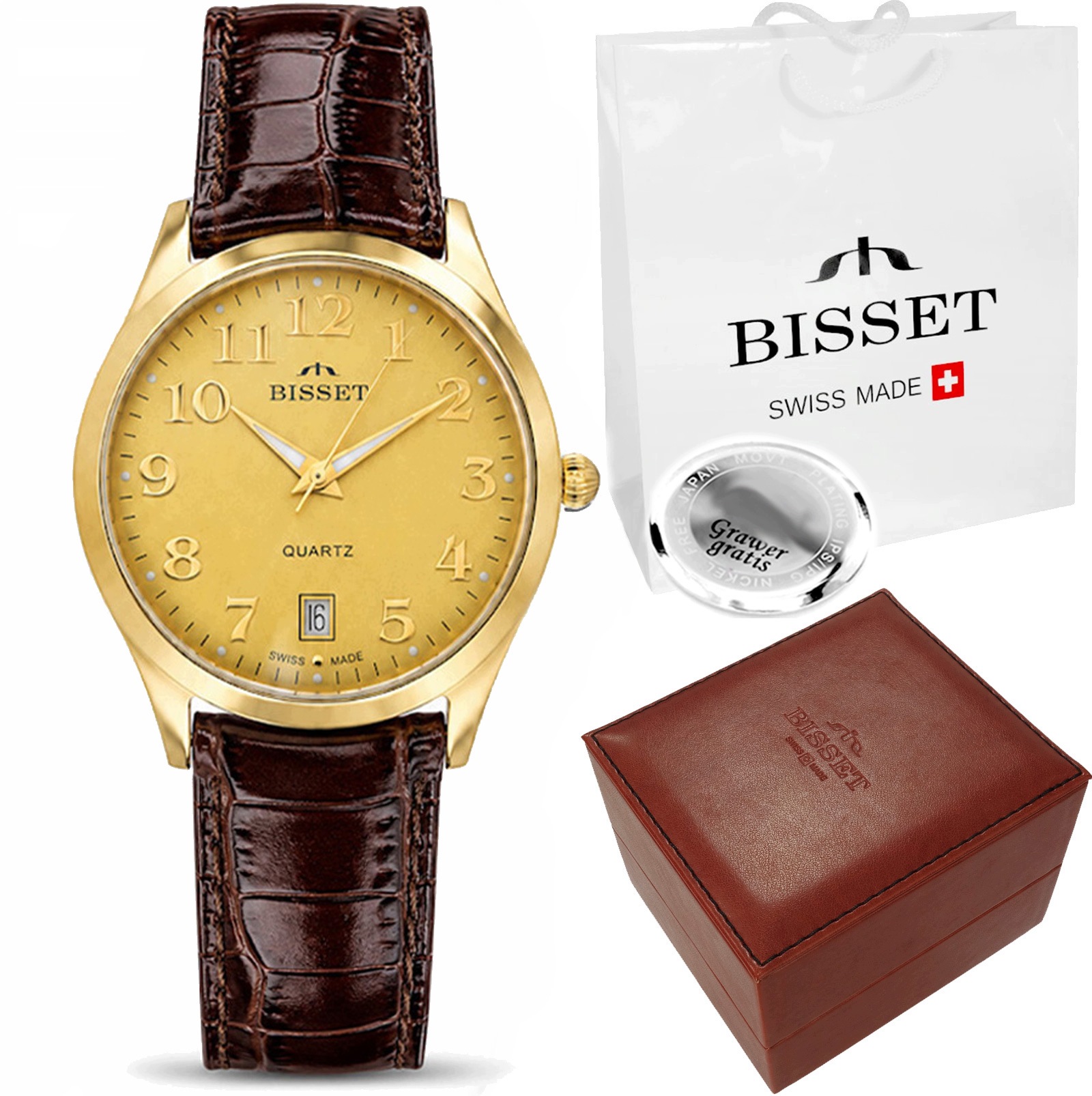 Švýcarské pánské hodinky Bisset Milo Datumovka Kožený Opasek Gravírování Box