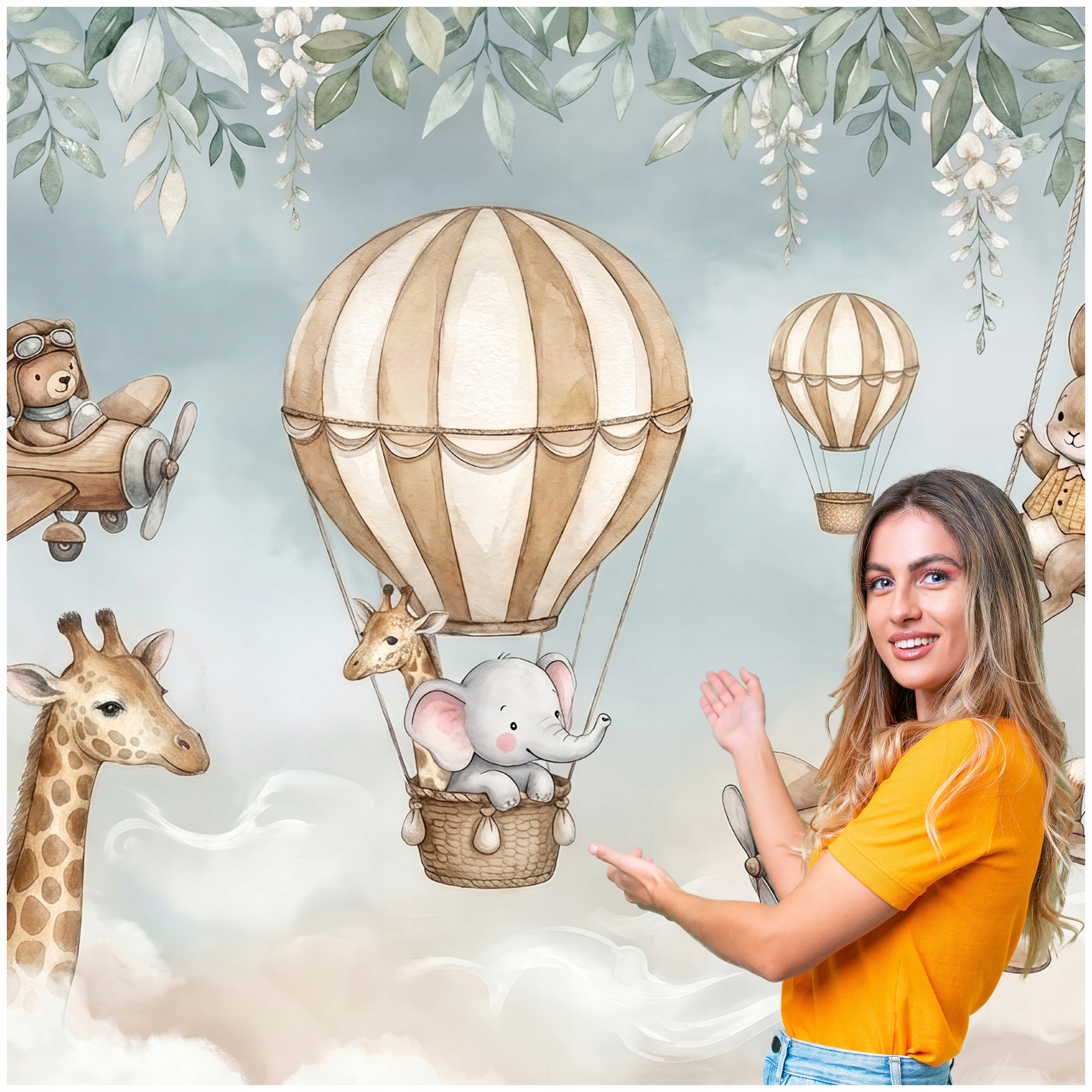 Fototapeta Pre Deti Zvieratá Listy Balón Mraky 392x280 DD01W