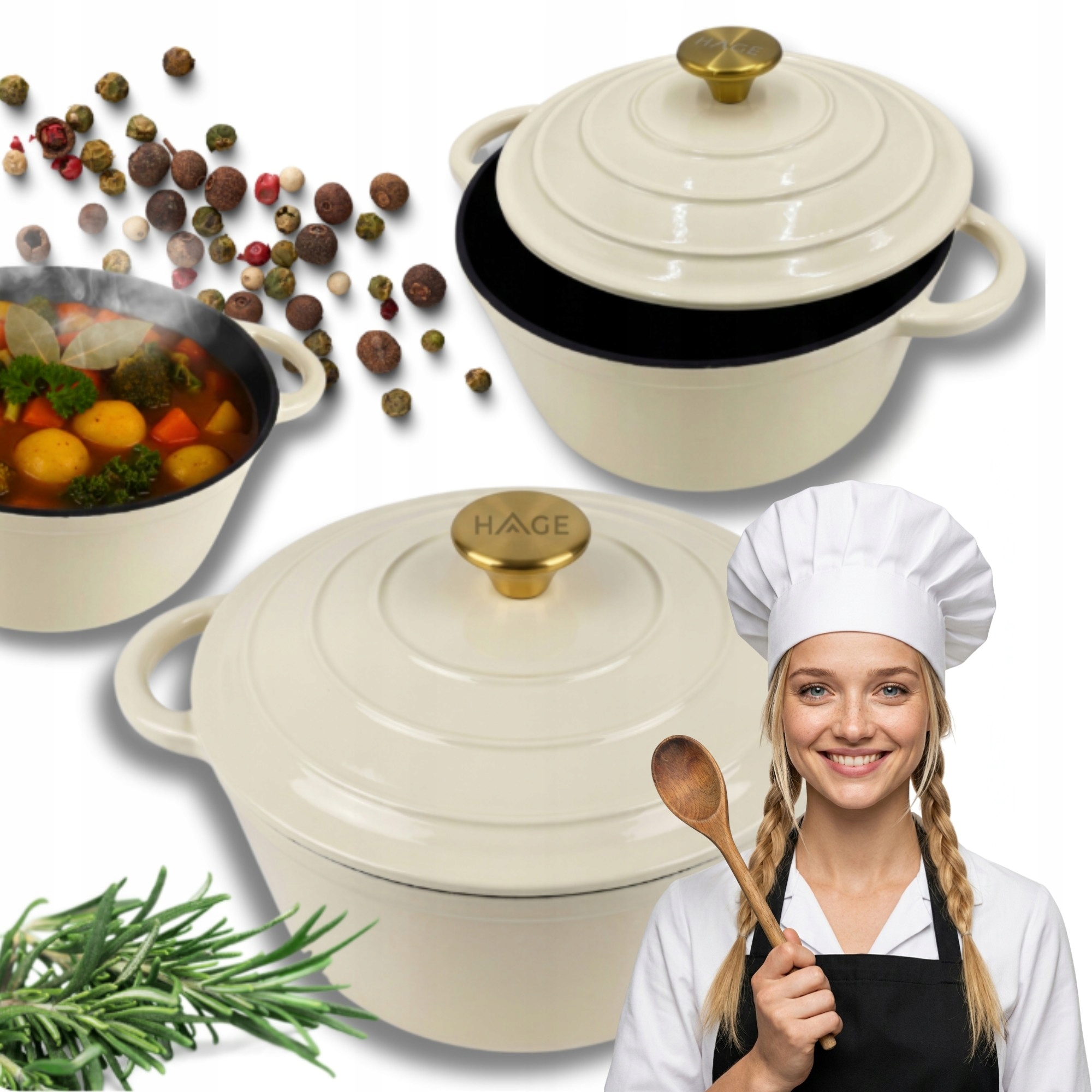 Garnek Żeliwny Emaliowany na indukcję piekarnik grill Hage 4L 24 cm Kremowy