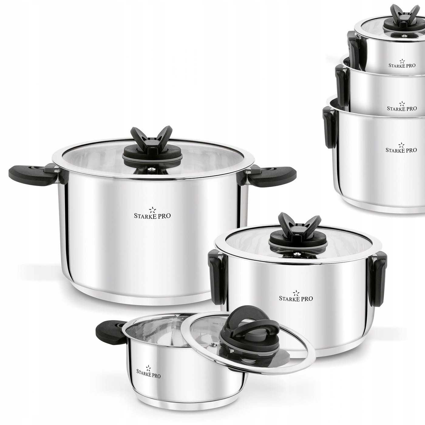 Sada hrnců se skládacími rukojeťmi z z nerezové oceli, 6 dílů