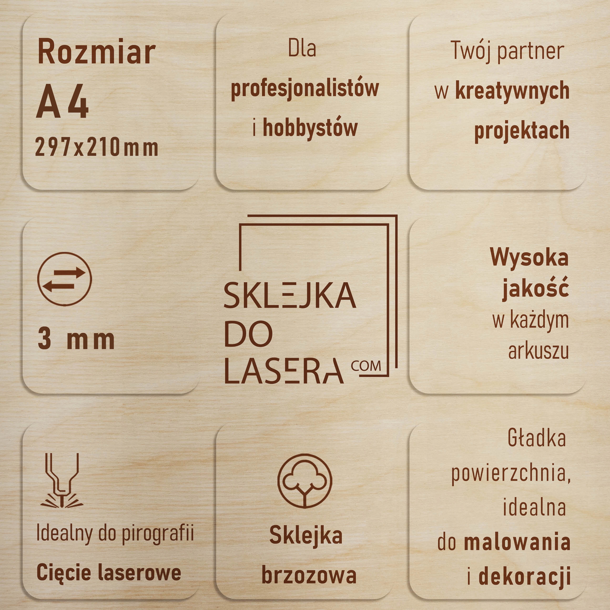 SKLEJKA 3MM DO LASERA FORMATKA A4 CNC Sklejka KLASA 1/2 Kod producenta SKLEJKA LASER FORMATKA PRECYZYJNE CIĘCIE
