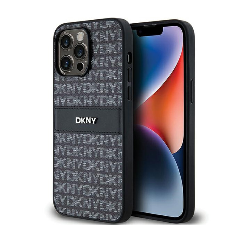 Dkny Leather Mono Stripe & Metal Logo Pouzdro pro iPhone 14 Pro Max (černé)