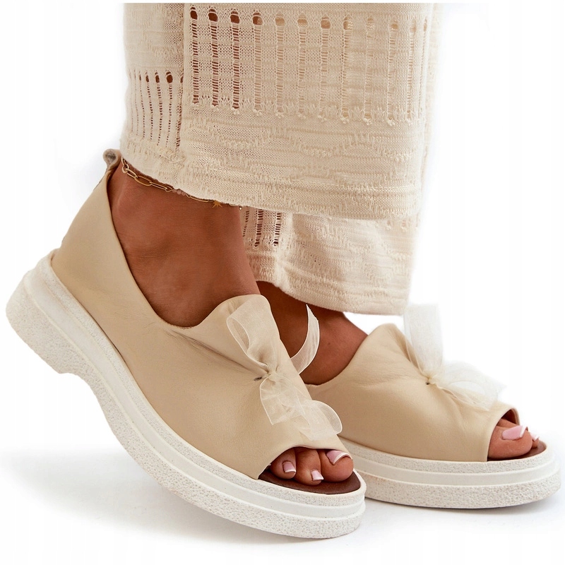 Zazoo 2939 Dámské Kožené Sandály S Mašličkou, Nazouvací, Světle Béžové 37