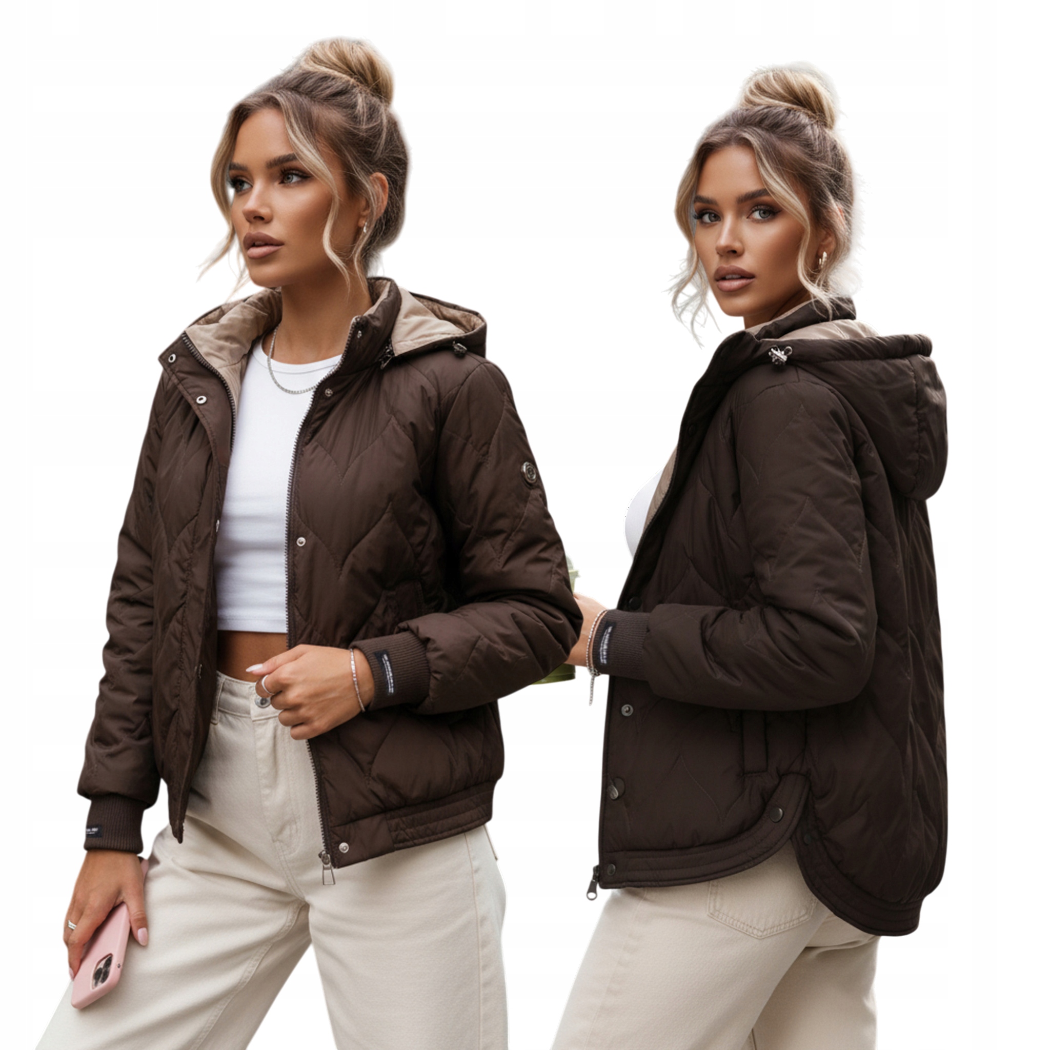 Kurtka damska przejściowa pikowana z kapturem brązowa TY5616 XL