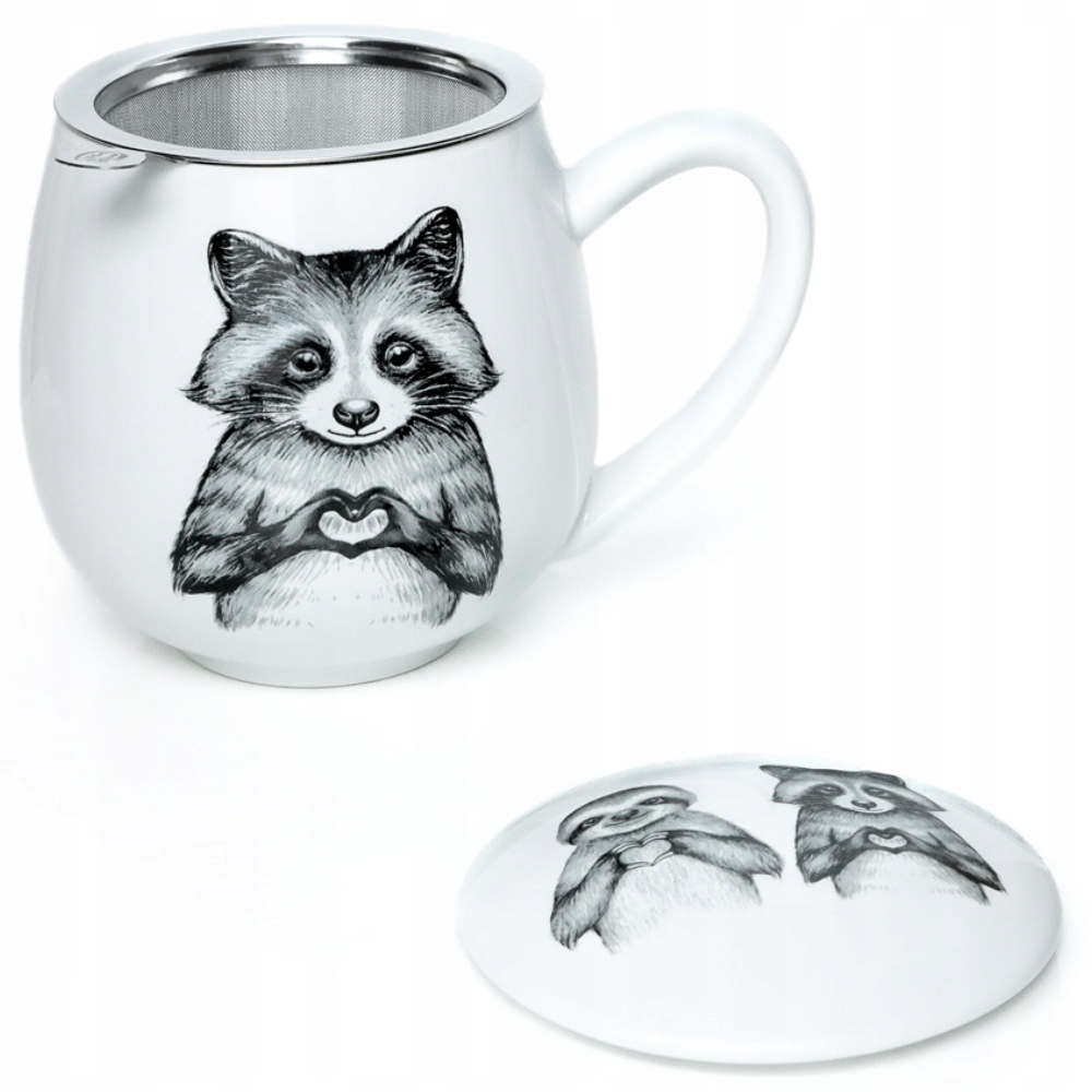 Levně Dárkový porcelánový hrnek s konvičkou a víčkem, mýval a lenochod, dárek