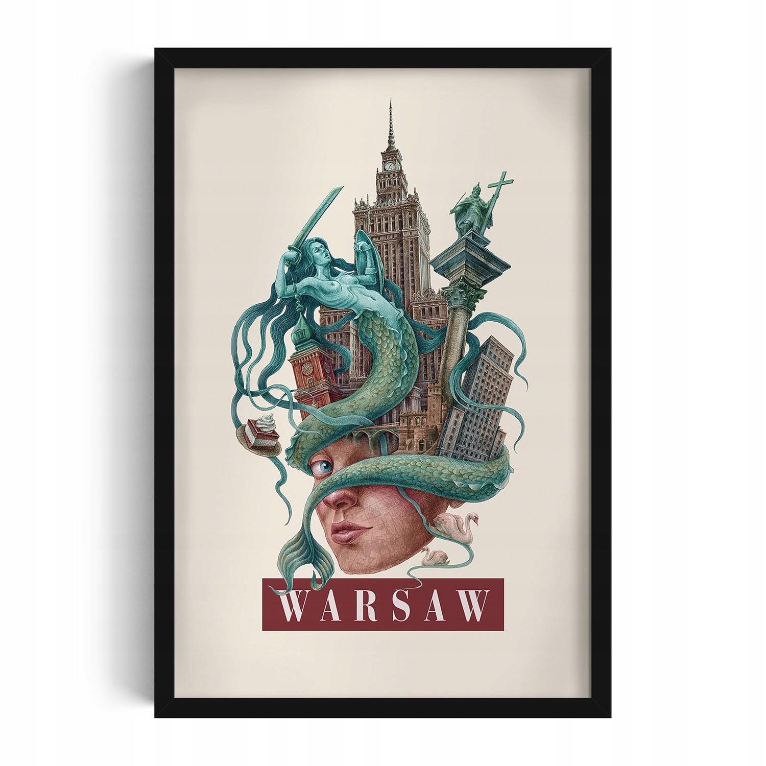 Nástěnný obraz rám Retro styl Varšava Mořská panna PKiN Sloup Zikmunda 40x60 cm