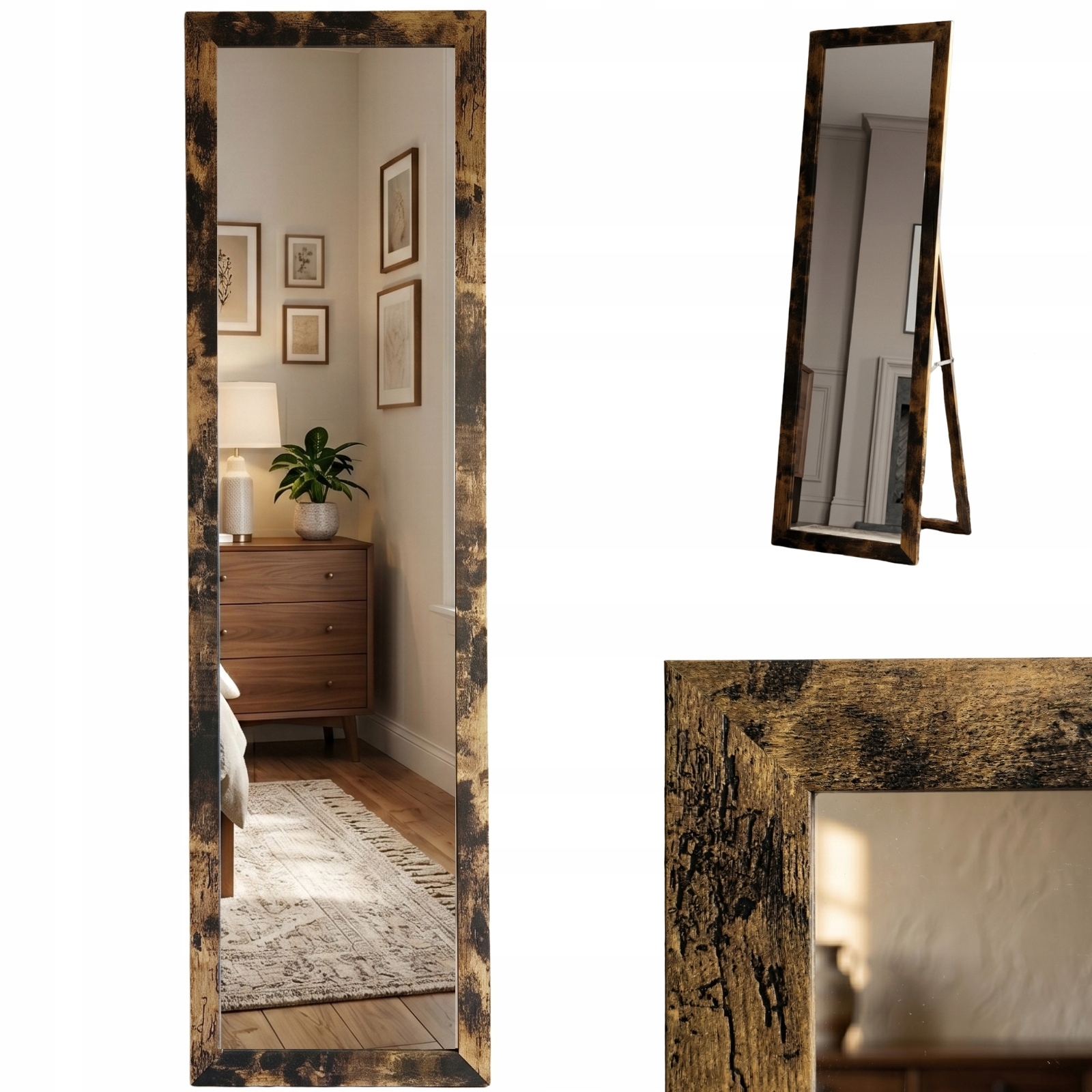 Lustro Stojące 127X37 CM Szkło Mdf Brązowe Antyrozpryskowe
