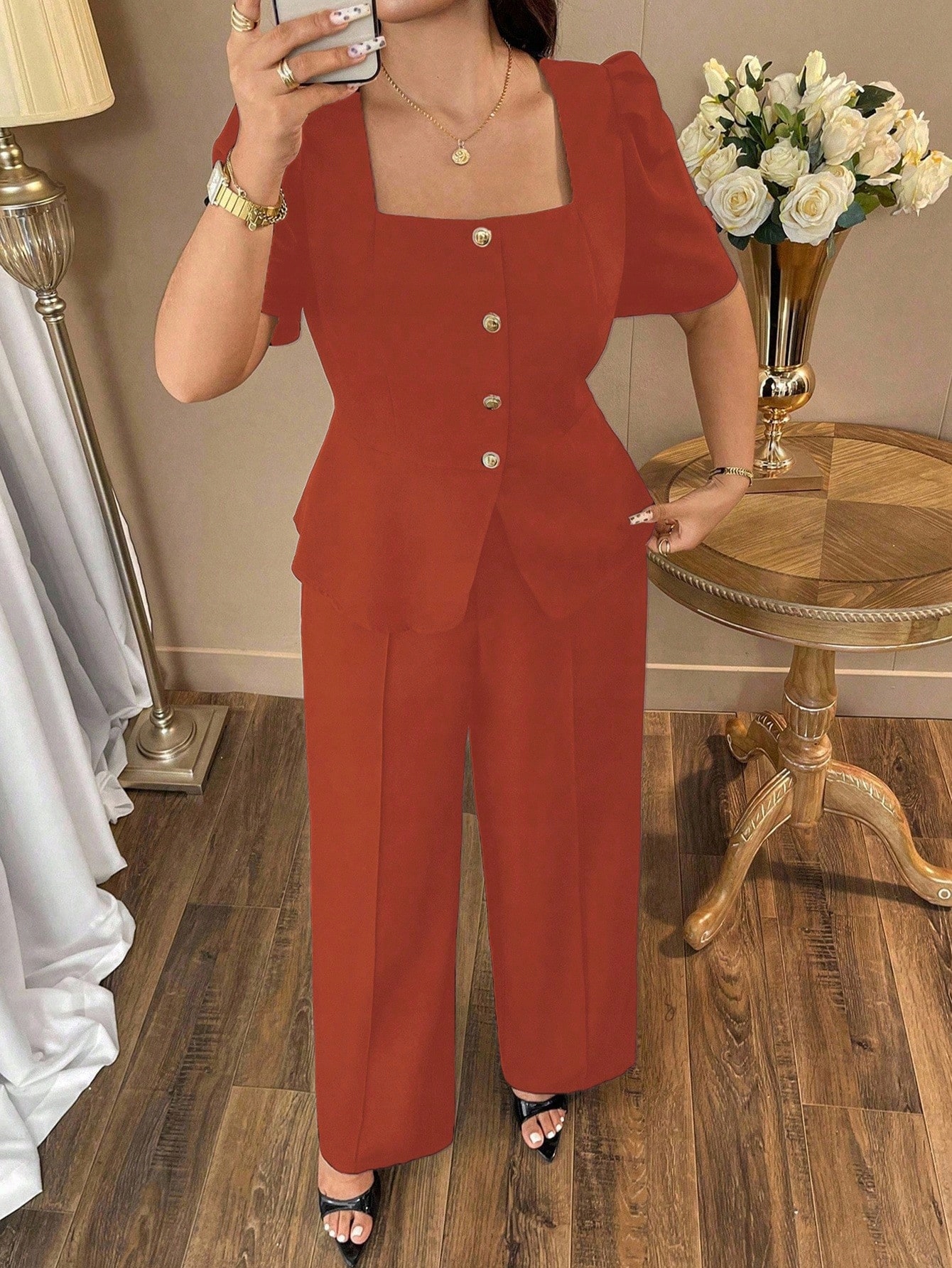 Dámský Elegantní Oranžový Komplet Se Zlatými Knoflíky Shein 3XL 46