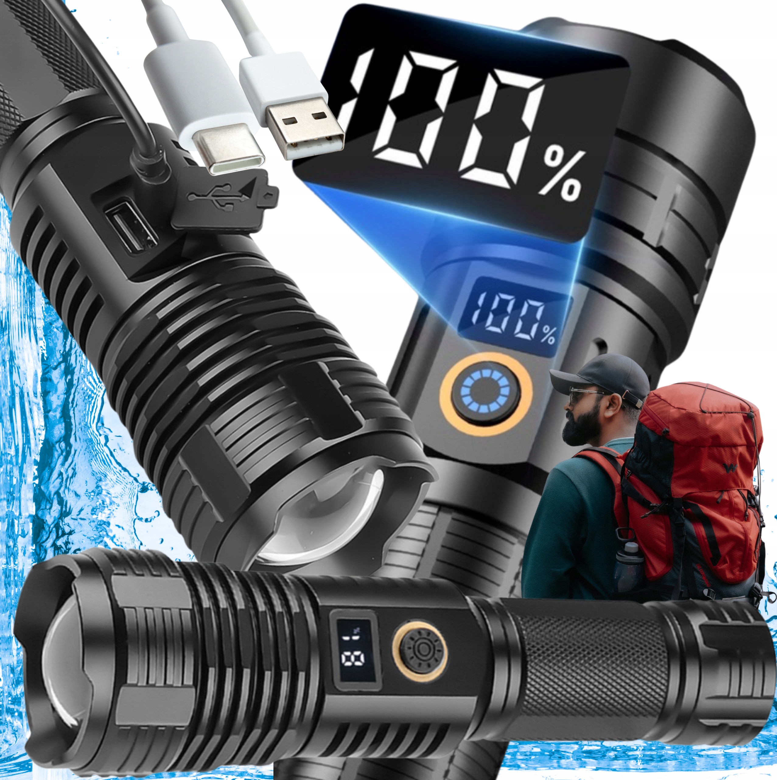 Extra Silná Svítilna Reflektor Usb Voděodolná Led Nastavitelné Světlo Režimy