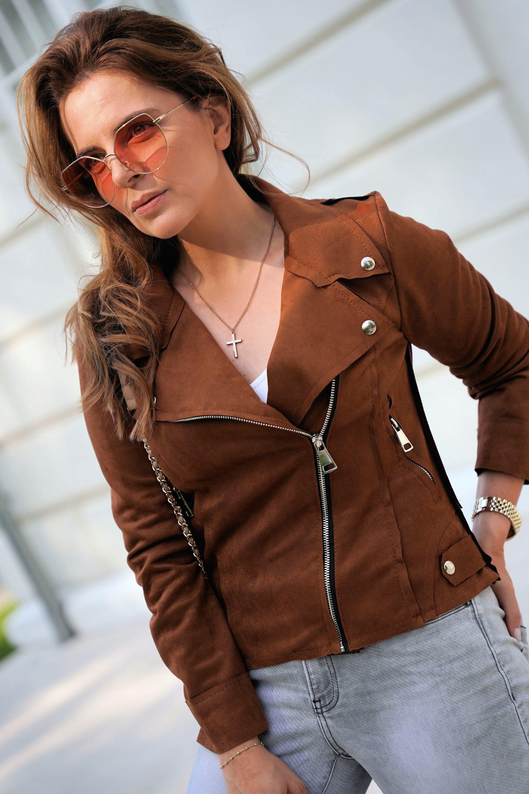 KURTKA RAMONESKA ZAMSZOWA SREBRNE ZAMKI CAMEL M Kaptur bez kaptura