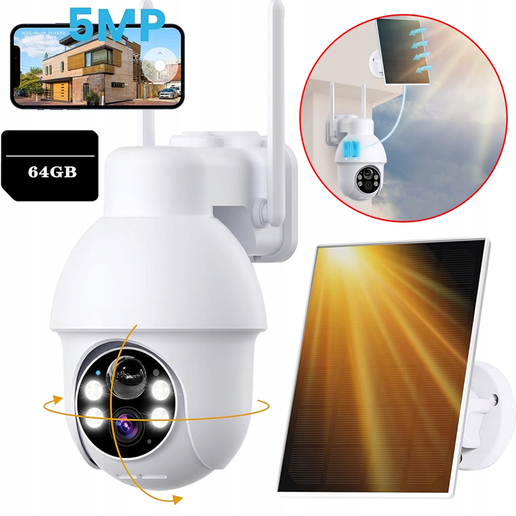 Venkovní Solární Kamera 5MPX Otočná Ip Wifi 4X Zoom Alarm 5000MAH 64GB