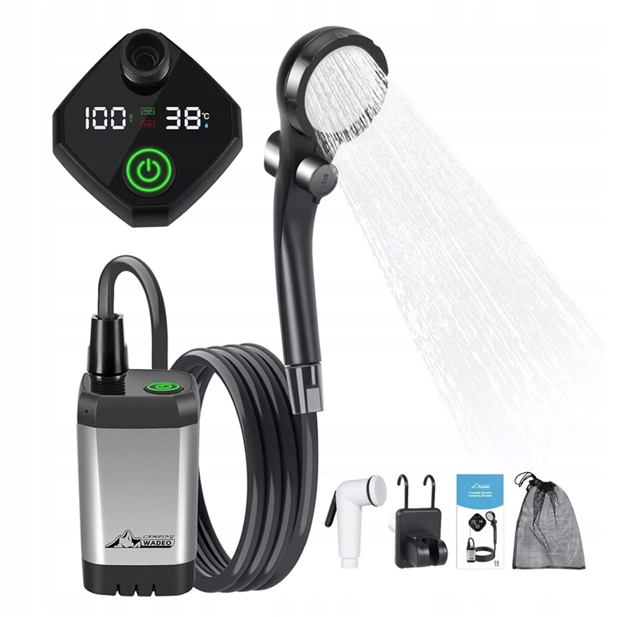 Přenosná sprcha s inteligentním displejem pro mytí auta v bivaku