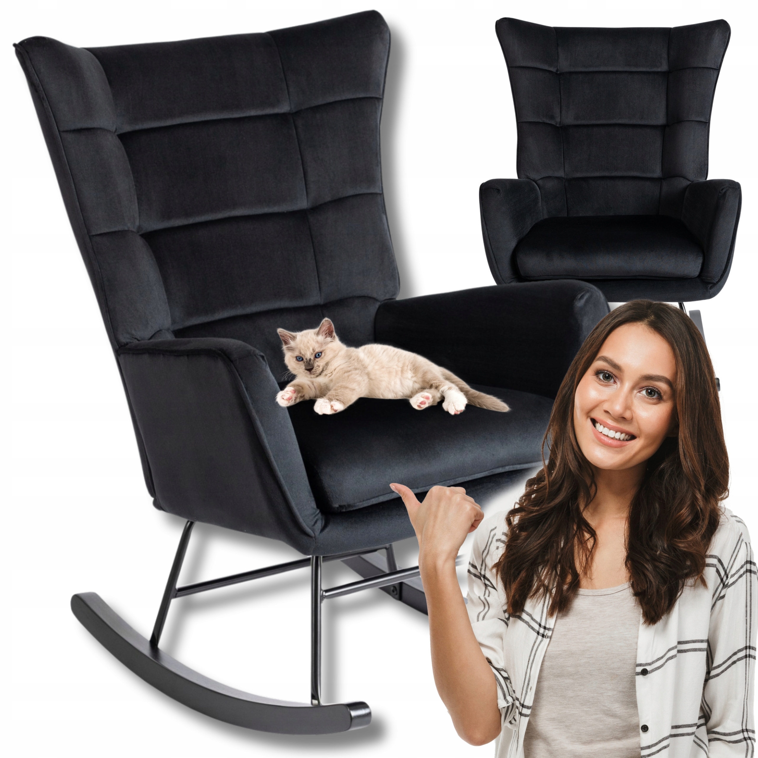 Houpací křeslo na pólech, velurové, do obývacího pokoje, černé Jackson