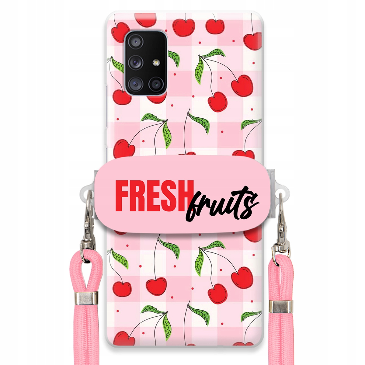Puzdro pre Samsung A71 5G Case držiak na šnúrku Ružový Fresh Fruits Mriežka