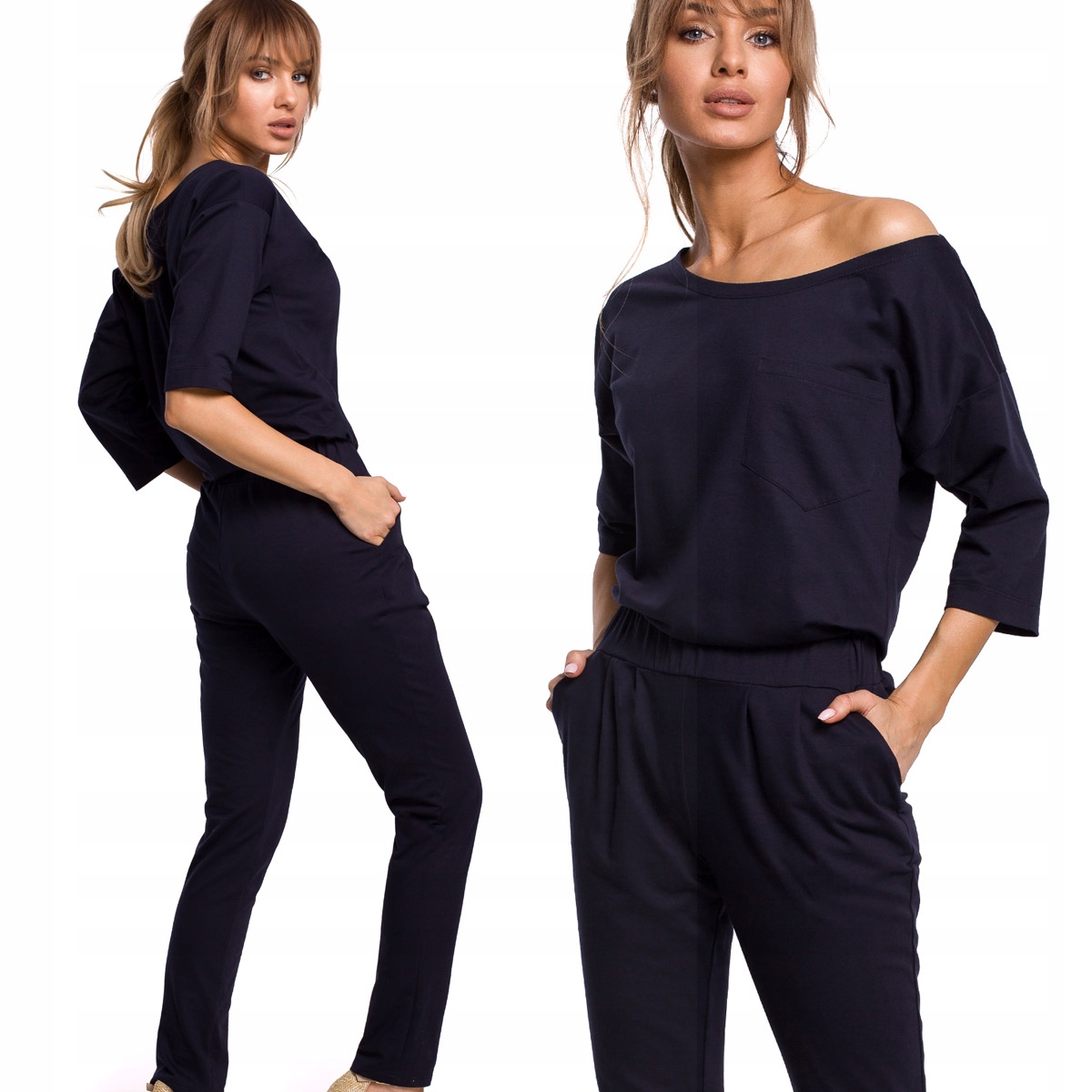 KOMBINEZON DAMSKI CASUAL DRES KOBIECY DŁUGI RĘKAW WYGODNY GRANATOWY 44 XXL