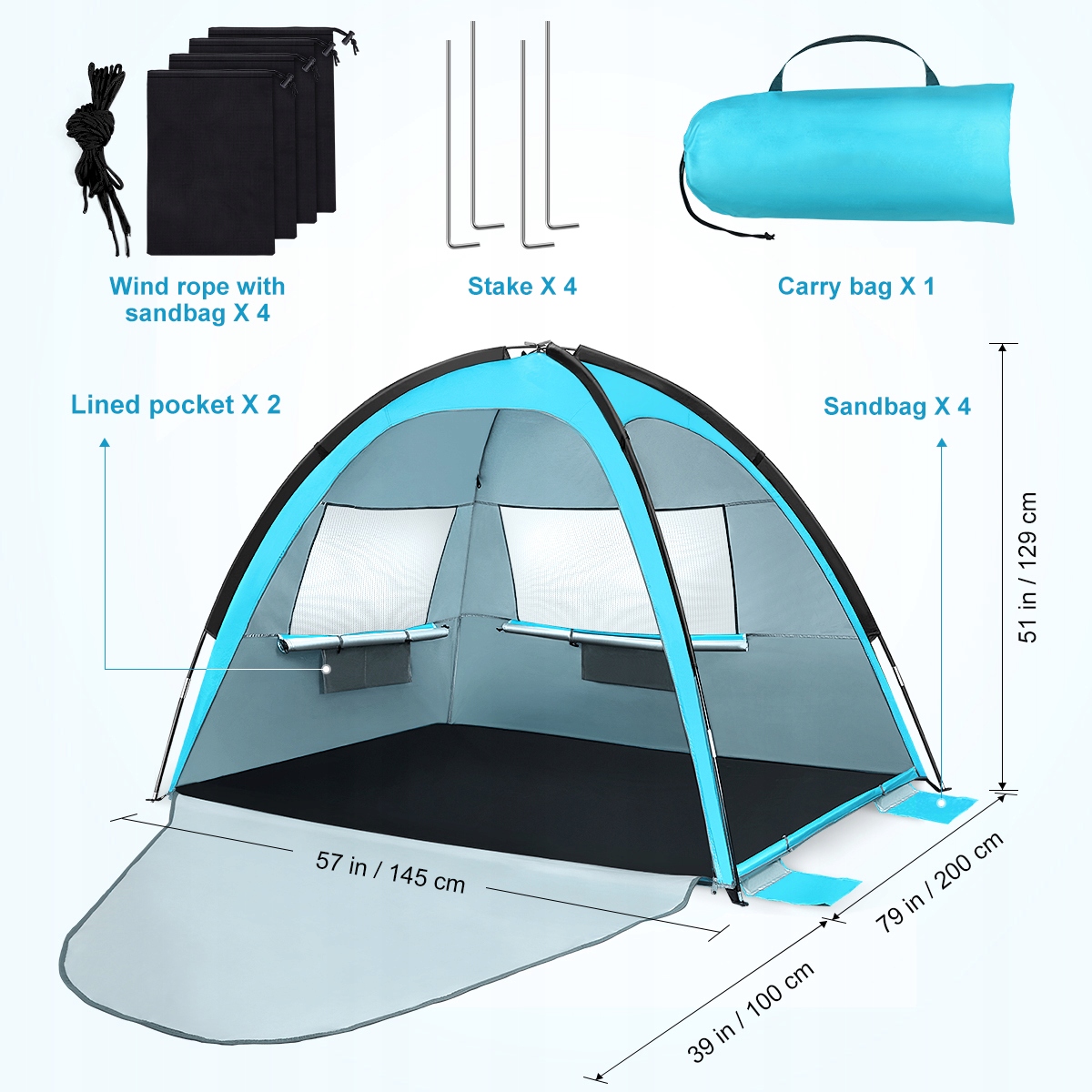 3-OSOBOWY NAMIOT PLAŻOWY Z CIENIEM 200X145CM Kolor dominujący odcienie niebieskiego