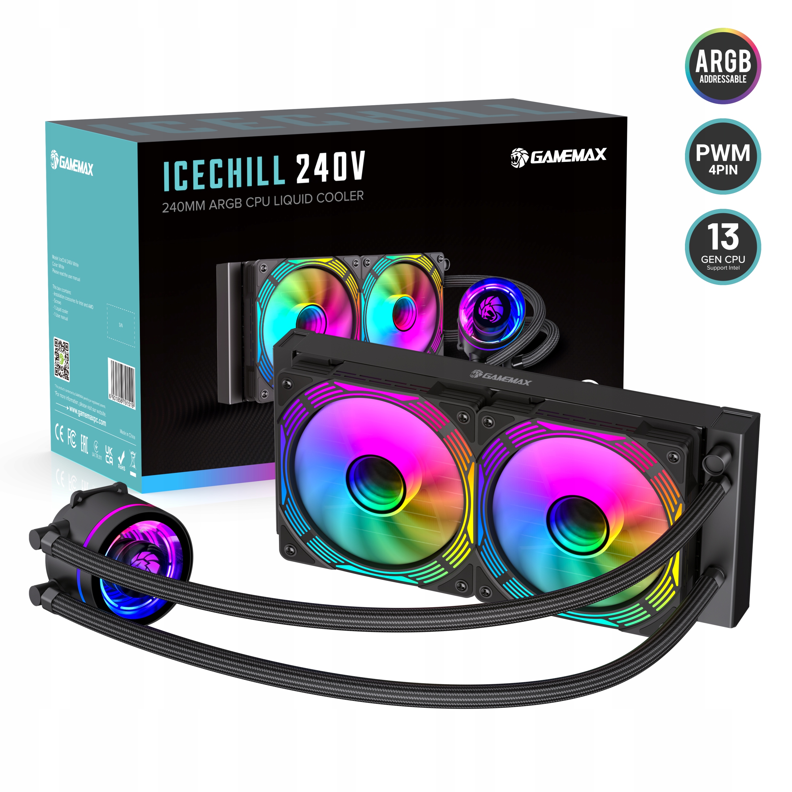 Vodné chladenie Cpu 240mm Argb TDP250W, čierne, GameMax IceChill 240V