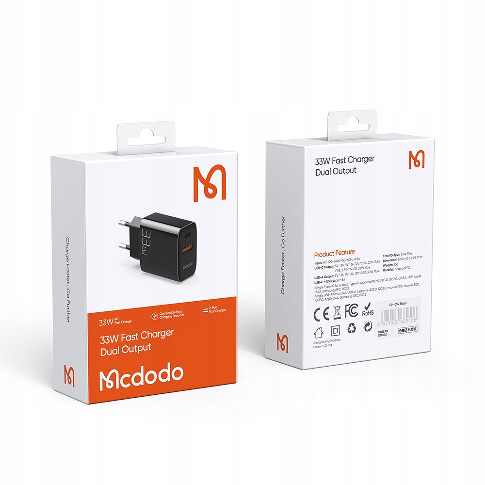 MCDODO WYTRZYMAŁA ŁADOWARKA SIECIOWA DO PORTÓW USB ORAZ USB TYP C PD 33W QC Marka McDodo