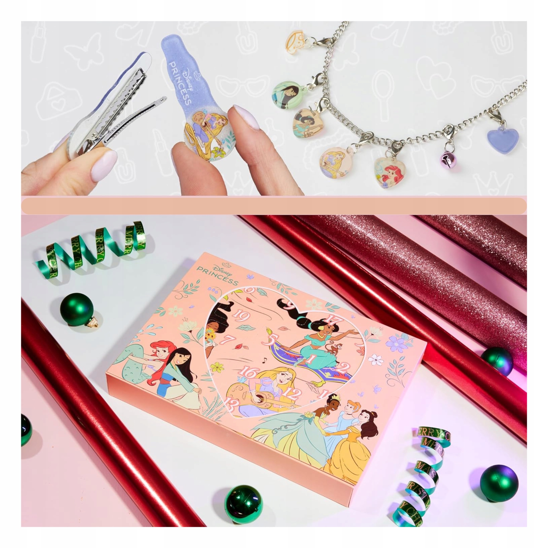 Адвент-календарь Disney Princess розовый, 24 сюрприза: резинки, заколки, браслеты, подвески — фото 4