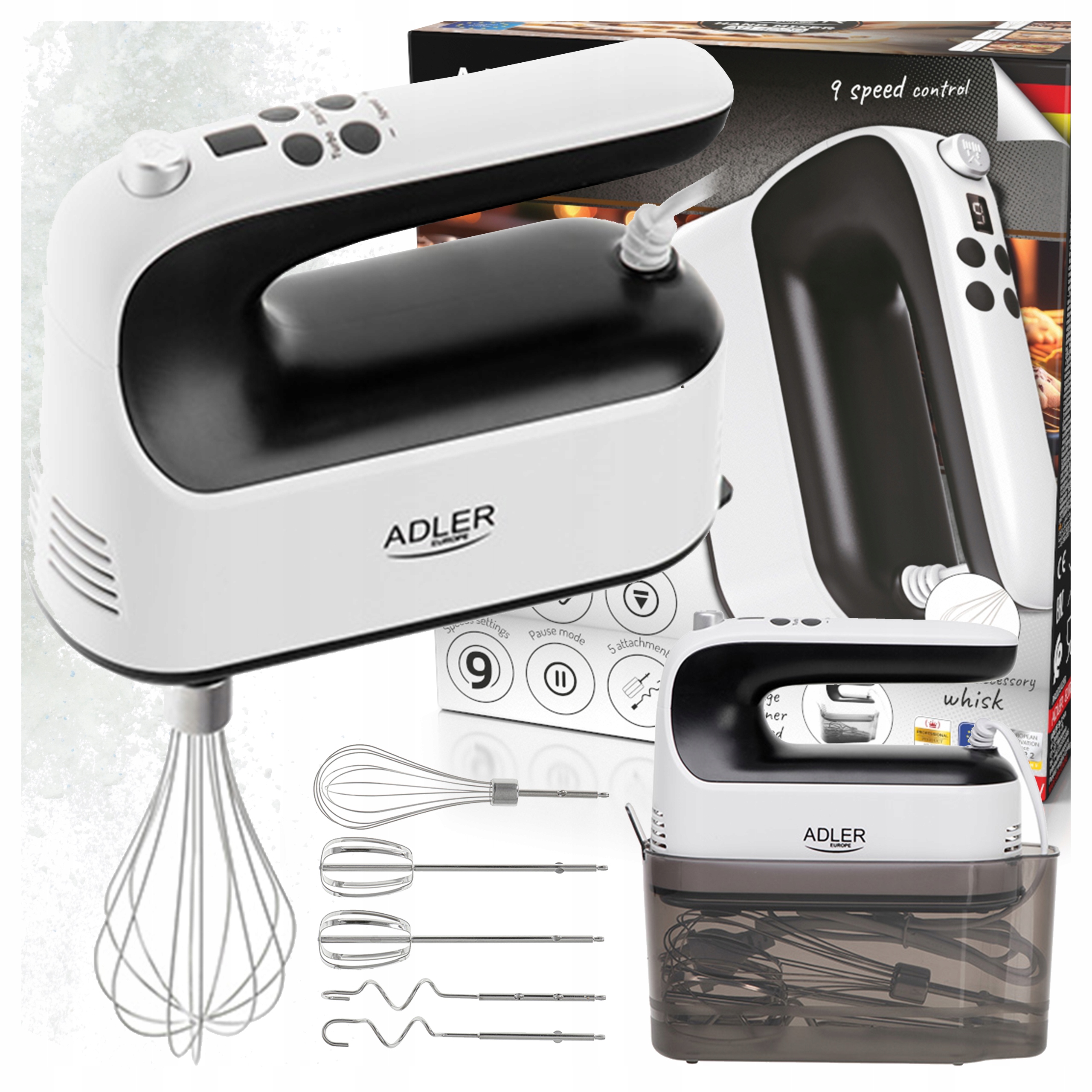 Mikser Ręczny Robot Kuchenny Lekki 9 Trybów LCD 5 Końcówek 600W Mixer 5W1