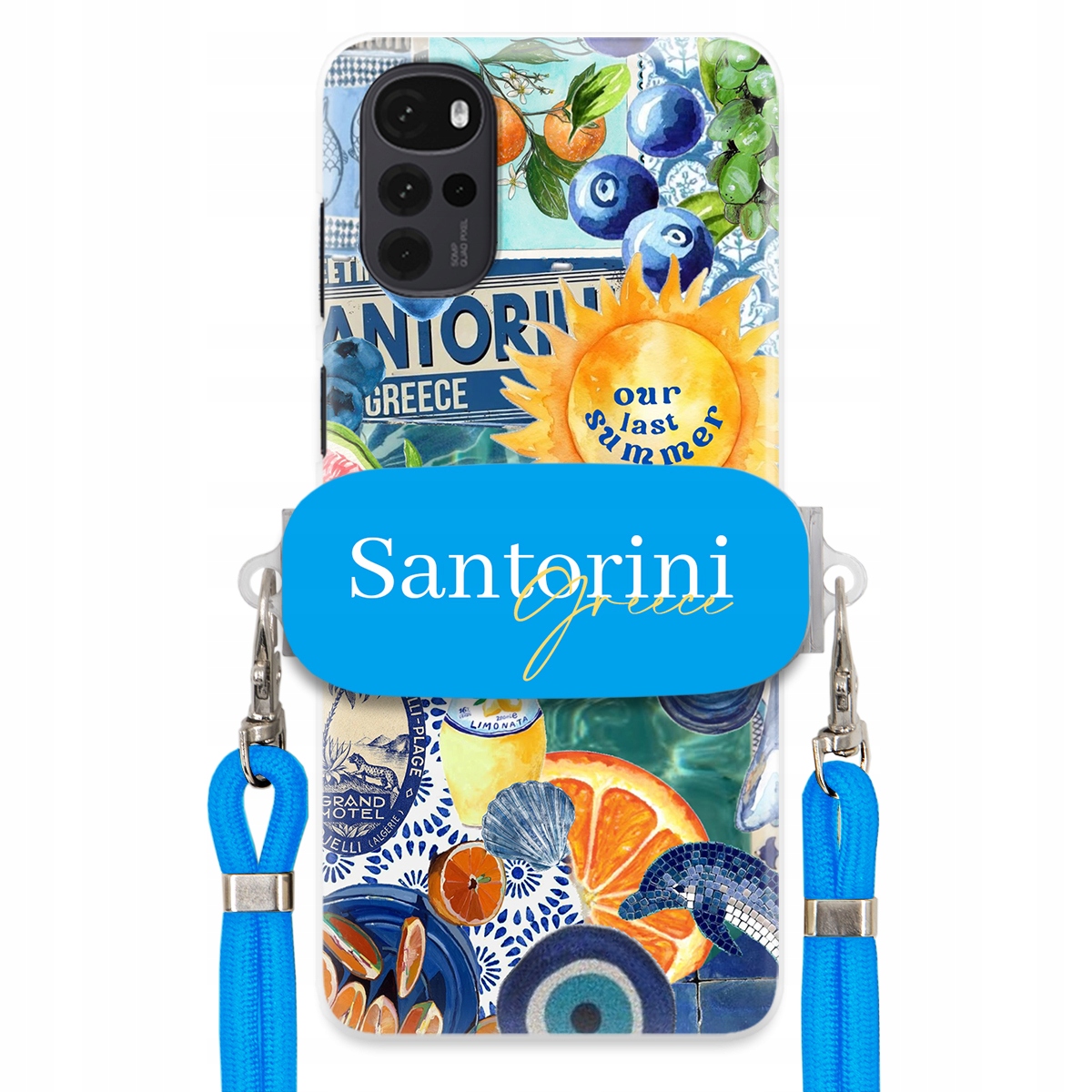 Puzdro pre Motorola G22 4G Modré Crossbody vodítko držiak Santorini Greece