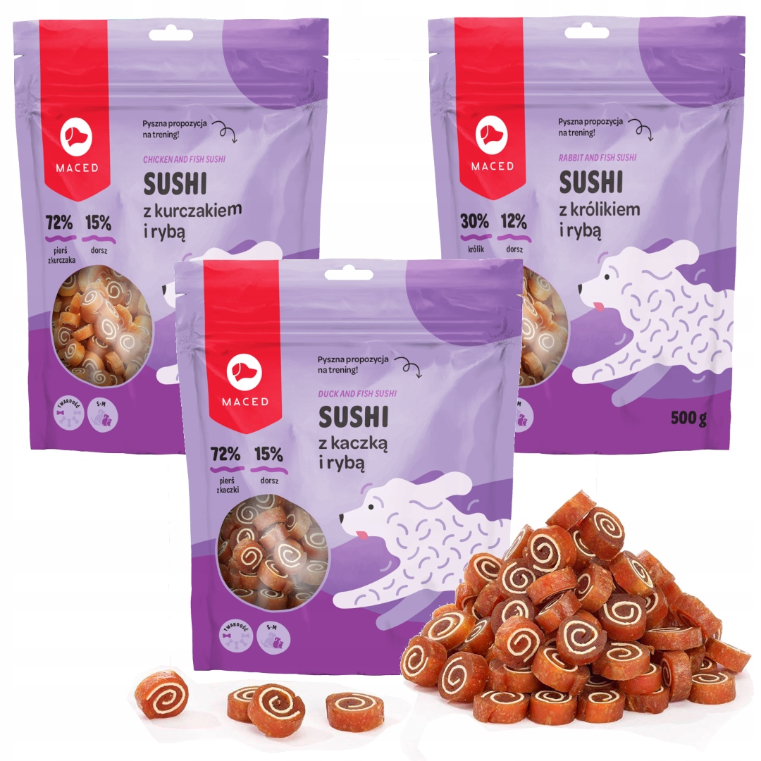 Levně Maced Sushi MIX Chutí Kuřecí Kachna A Králík Měkká Pamlsek Psa 3x500g