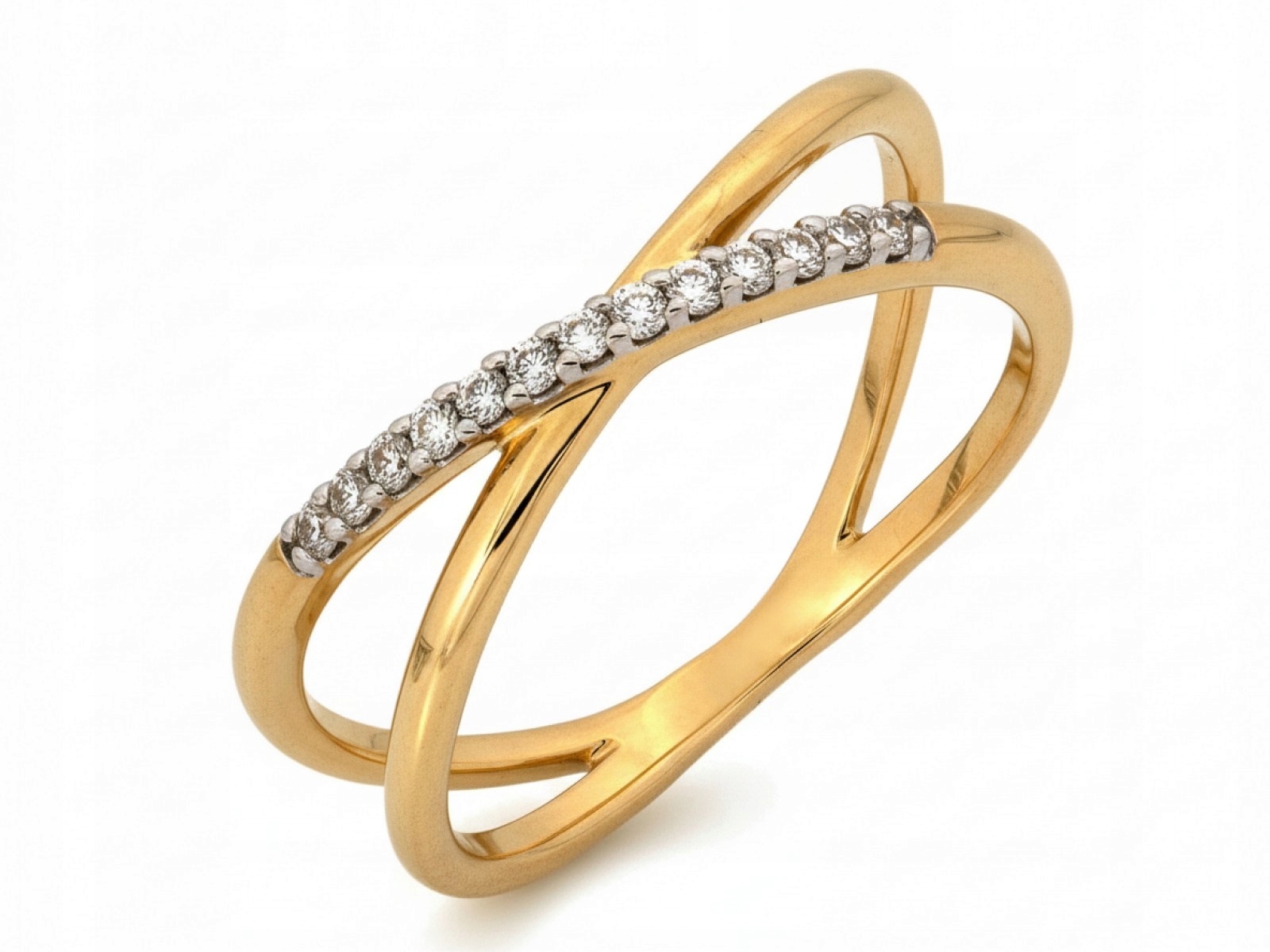Zlatý prstýnek pro ženu propletený s brilianty 0,065 ct r13