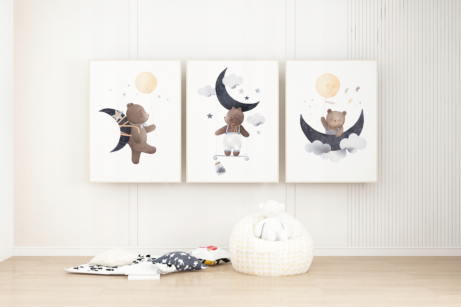 Zestaw 3 Plakatów Obrazków A4 Do Pokoju Chłopca z Misiami i Księżycami Długość 30 cm