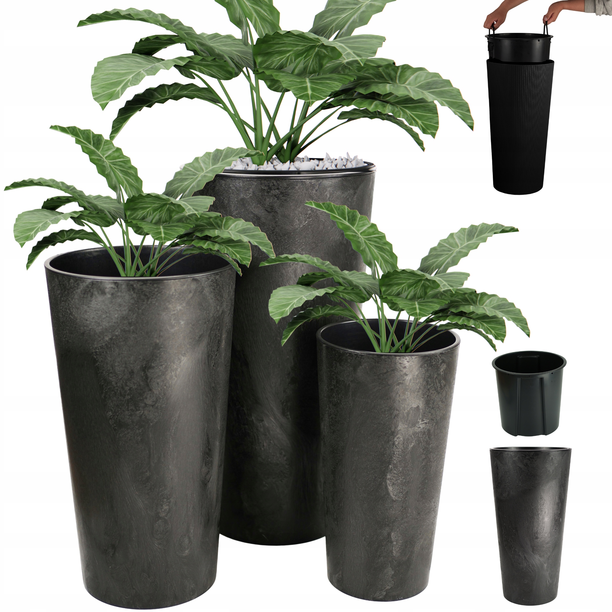 Zestaw 3szt Doniczka Donica Ogrodowa Wkład Wysoka Duża Beton 37+47+57 cm