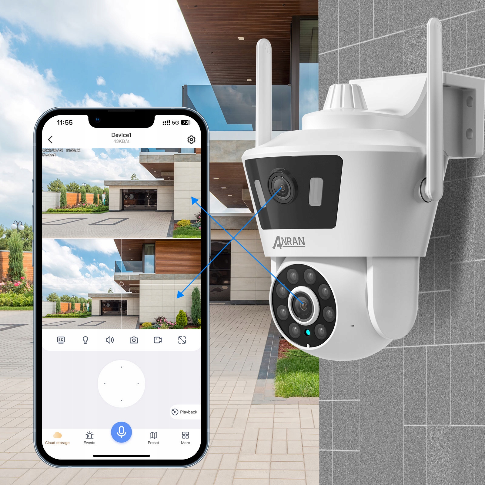 Kamera Anran P7 Dvojitá Šošovka Wifi Kamera s automatickým sledovaním Icsee 128GB karta Zdarma