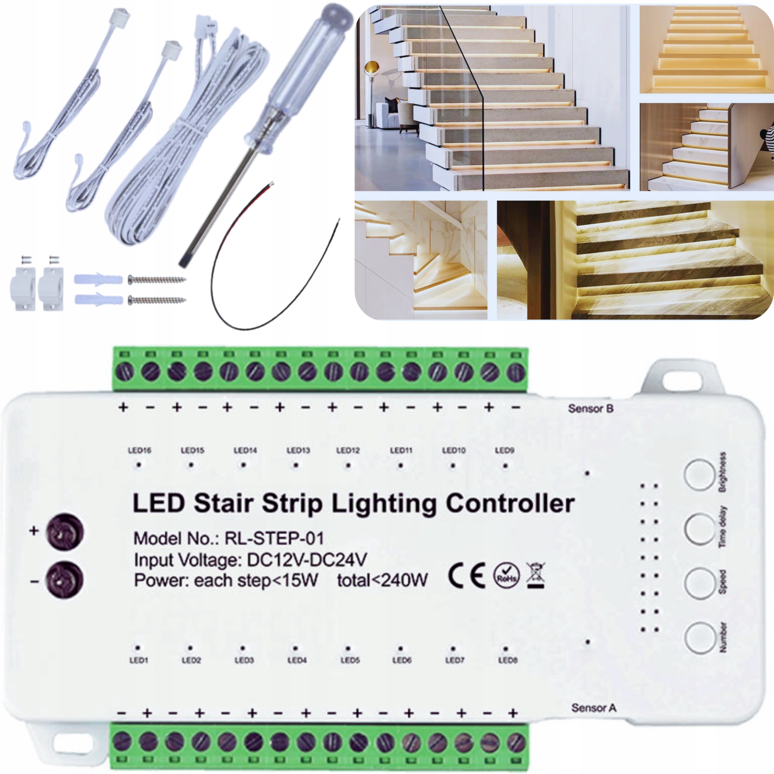 Sterownik Schodowy Led 16 Stopni Schodów Kanałów 12-24V 240W Czujniki Pir