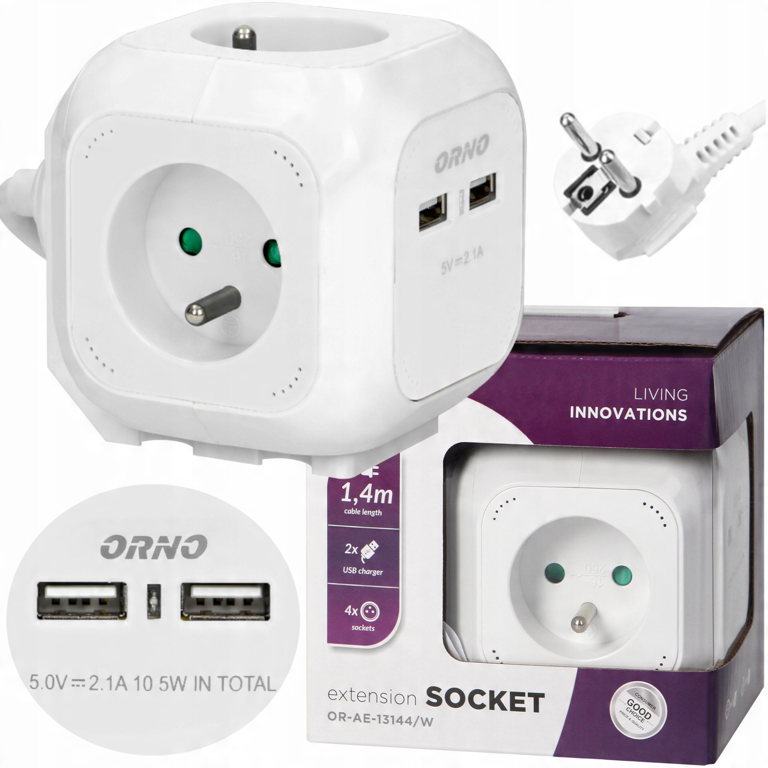 

Przedłużacz Rozgałęźnik Kostka 4x230V 2xUSB 1,4m