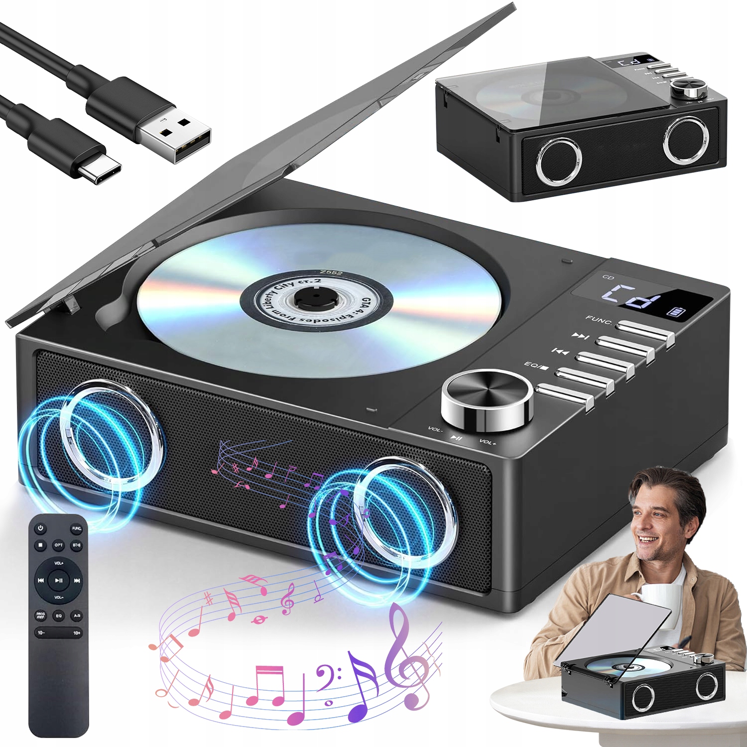 Univ. Přehrávač CD Bt Usb Tf Aux 3.5 MM Smyčka A B Přenosný Akum