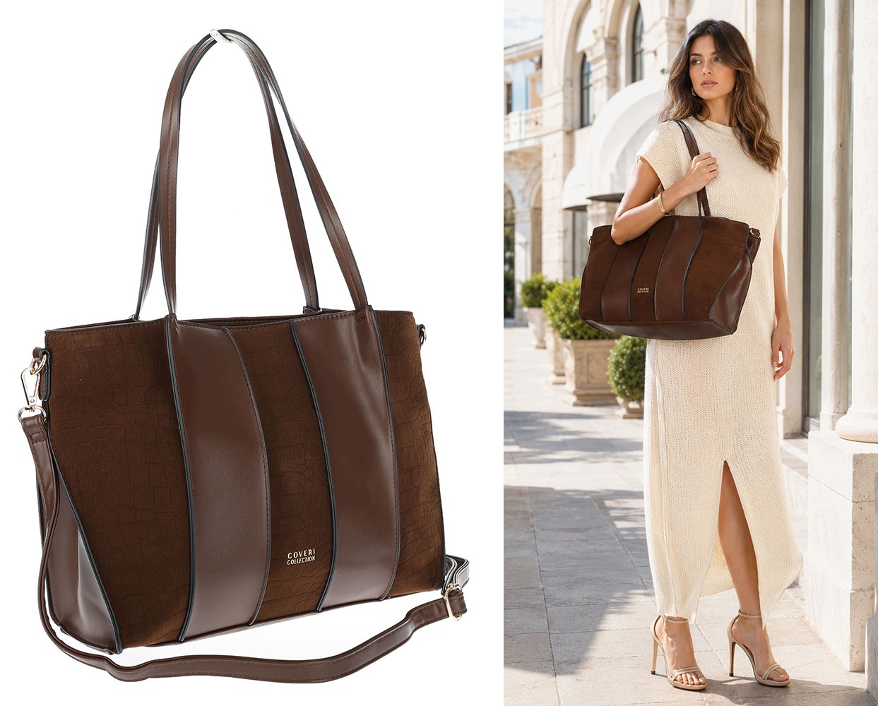 Dámská shopper kabelka semišová prostorná A4 taška přes rameno CC891 Čokoládová