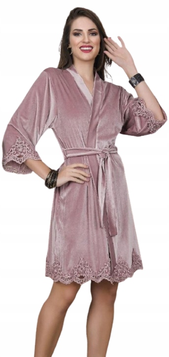 Elegantní Růžový Velurový Župan S Krajkou, Velurový Župan XXL