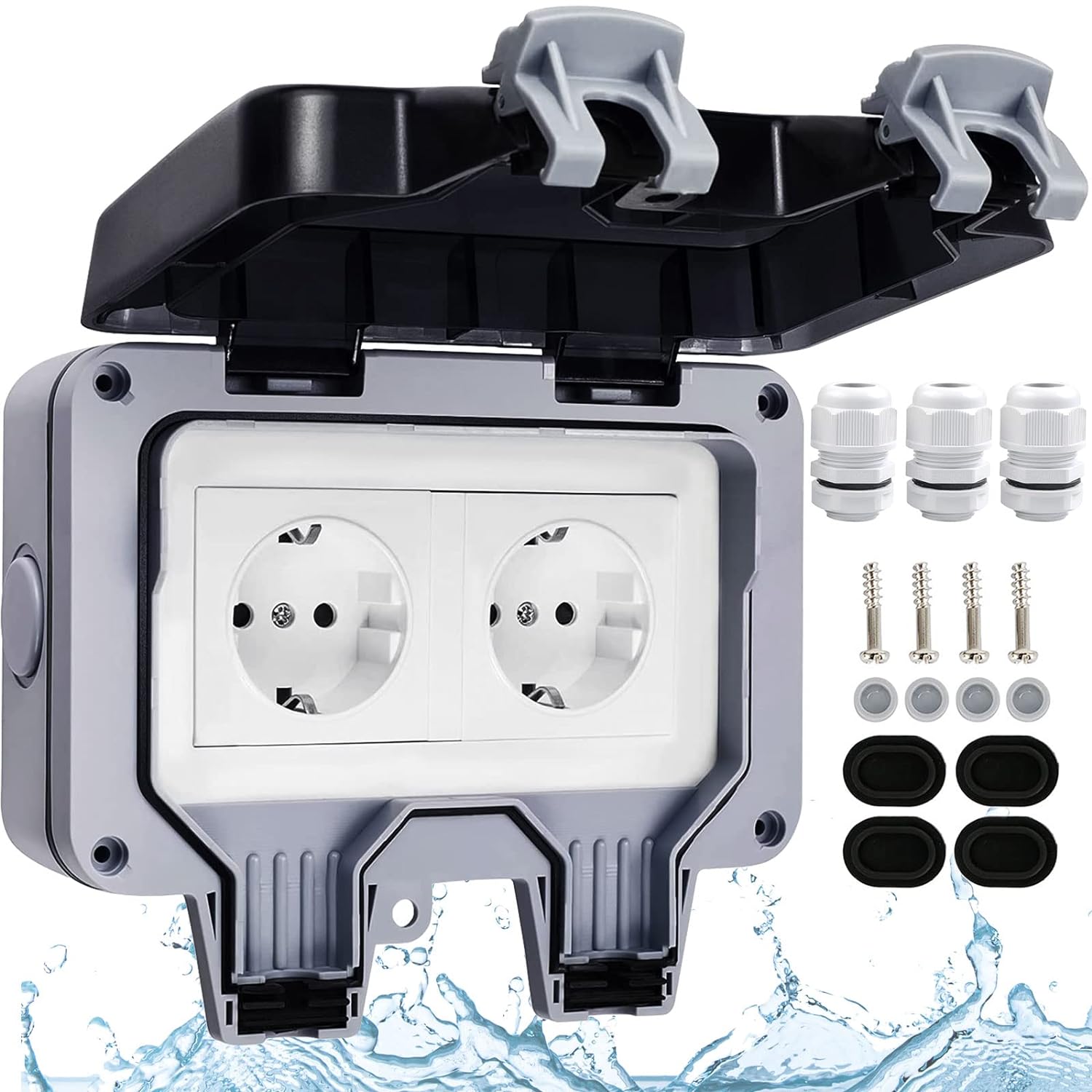 ZEWNĘTRZNE GNIAZDKO PODWÓJNE WODOSZCZELNE IP66 ZE ZŁĄCZEM KABLOWYM