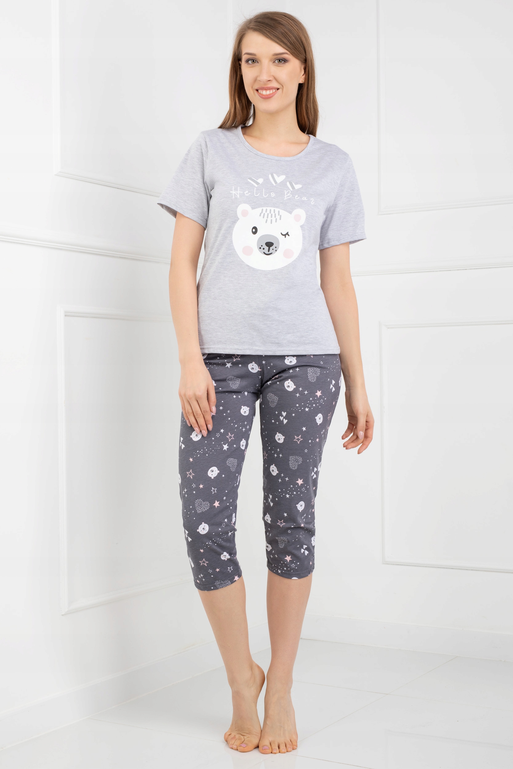 PIŻAMA MŁODZIEŻOWA BEAR MIŚ KRÓTKI RĘKAW 3/4 SPODNIE NADRUK S