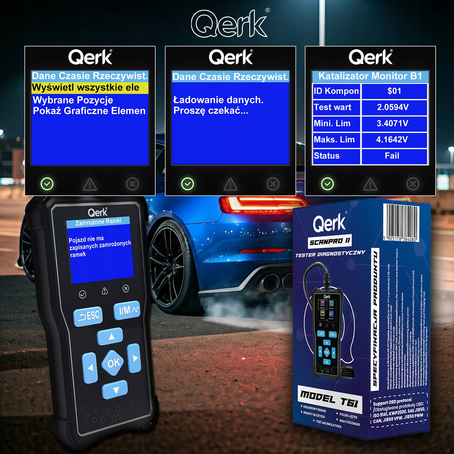 QERK T61 OBD2 automobilio klaidų diagnostikos skeneris su 2,36 col. ekranu