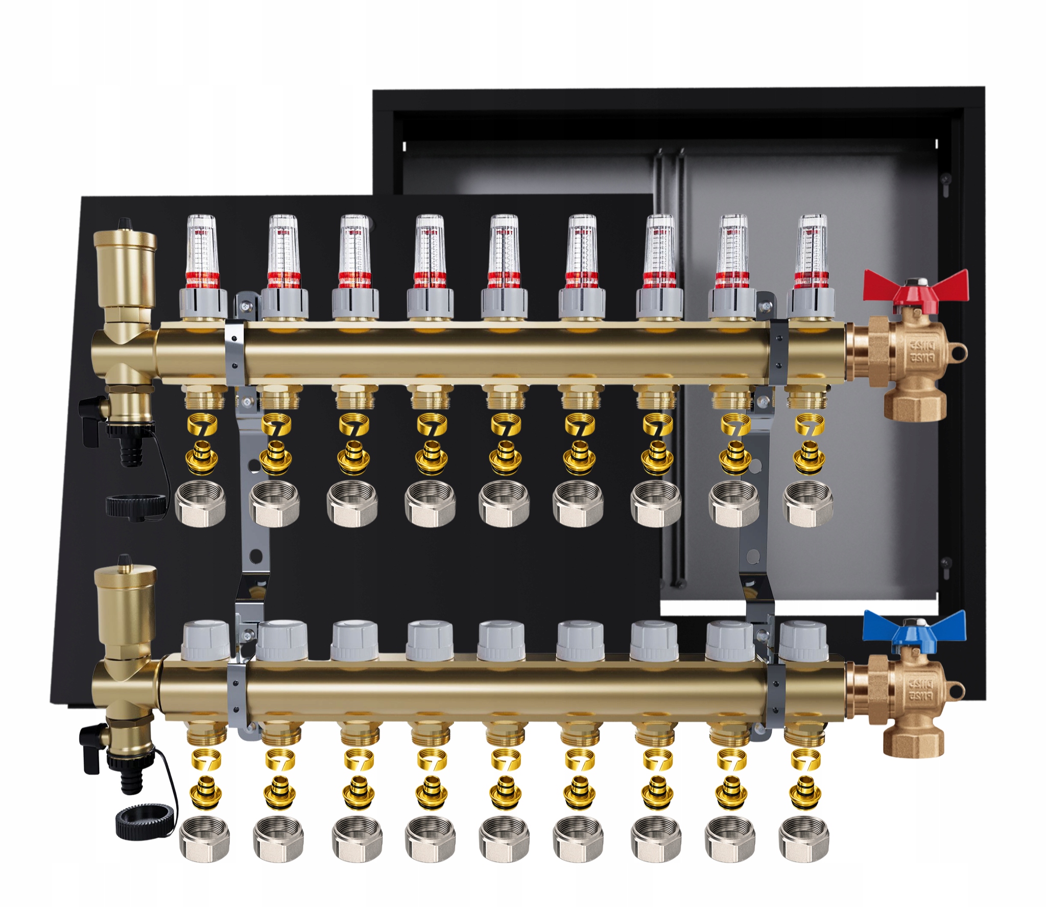 Rozdělovač mosazný podlahový 9 okruhů nástěnná skříňka černá Pex