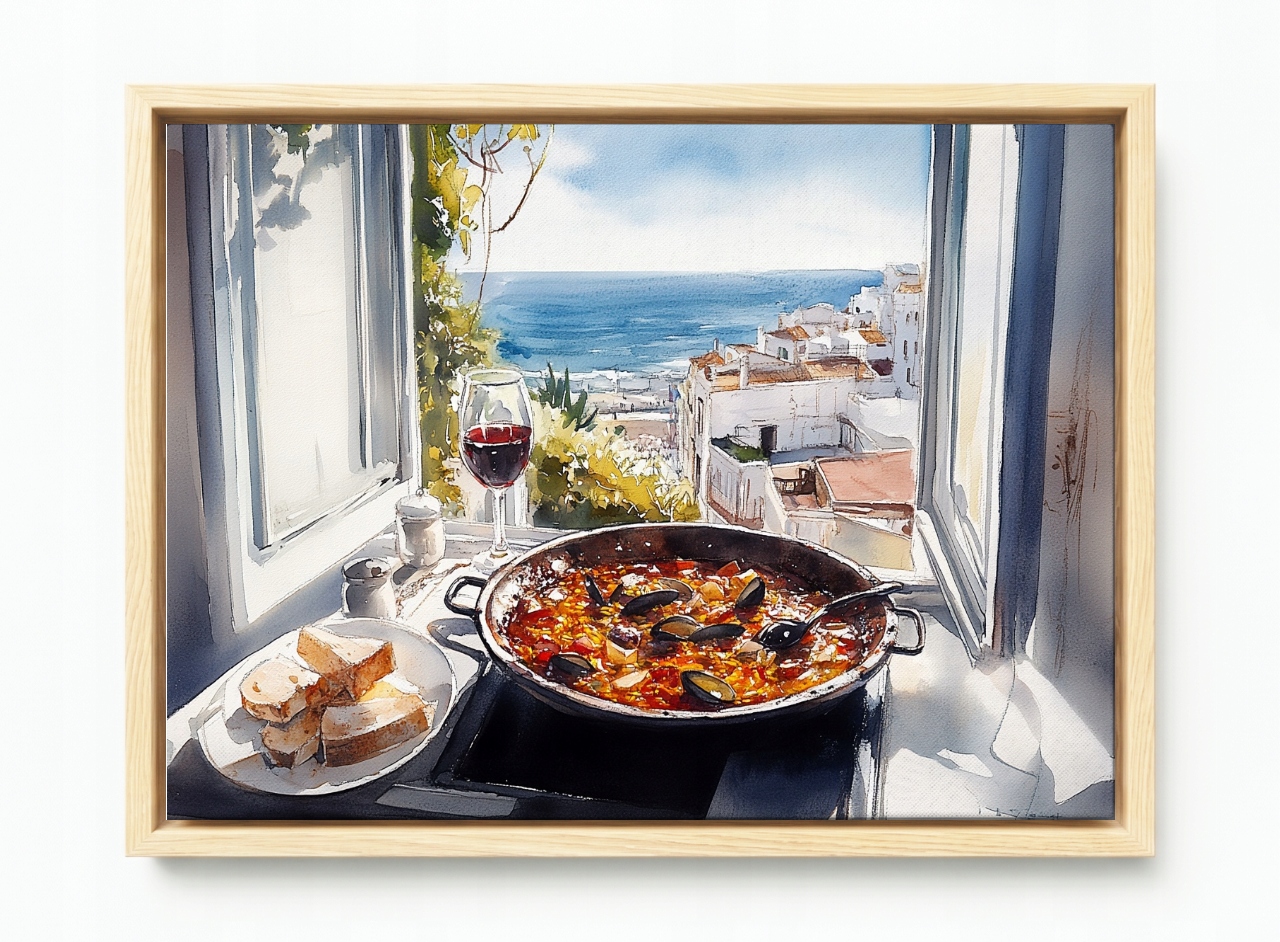 Obraz Rám Americký Box Okno Kuchyně Moře Paella Víno Španělsko 60x40