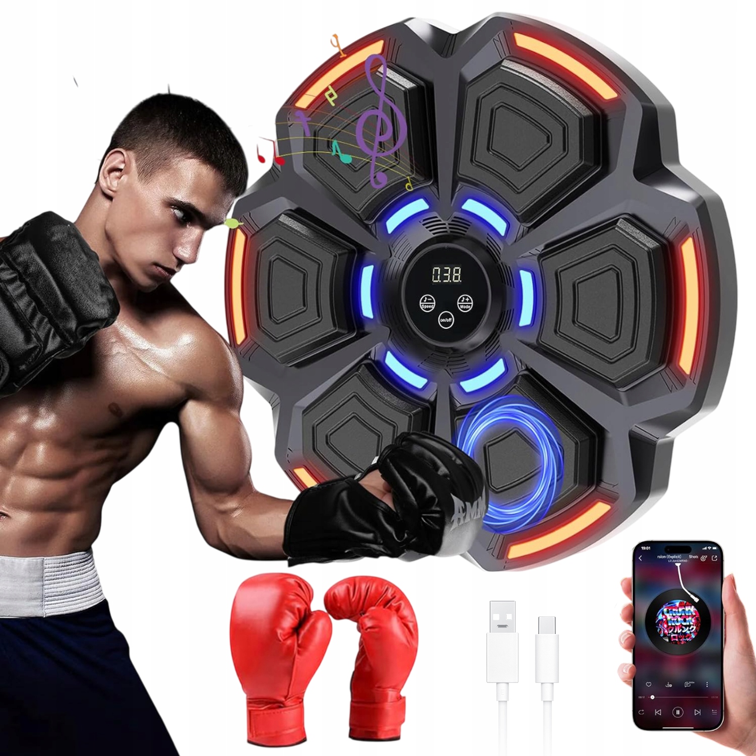 Tarcza Bokserska Muzyczna Bluetooth 9 Prędkości+ Rękawice Bokserskie