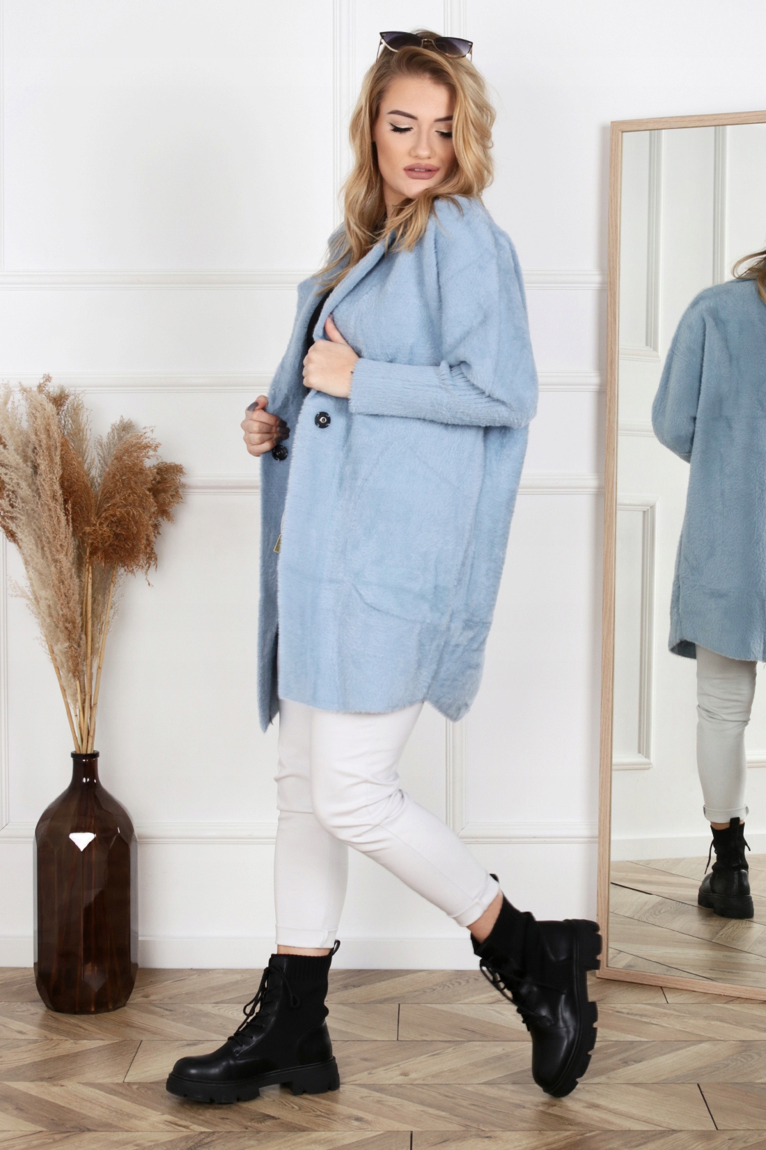 PŁASZCZ KURTKA SWETER NARZUTKA ALPAKA CIEPŁA WYGODNA WIOSNA BABY BLUE 1918 Model 1918