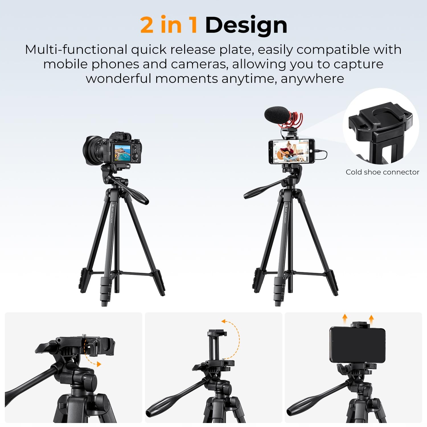 K&F CONCEPT 152cm Tripod DSLR Canon Nikon Sony Smartphone Bluetooth — miniatura 2