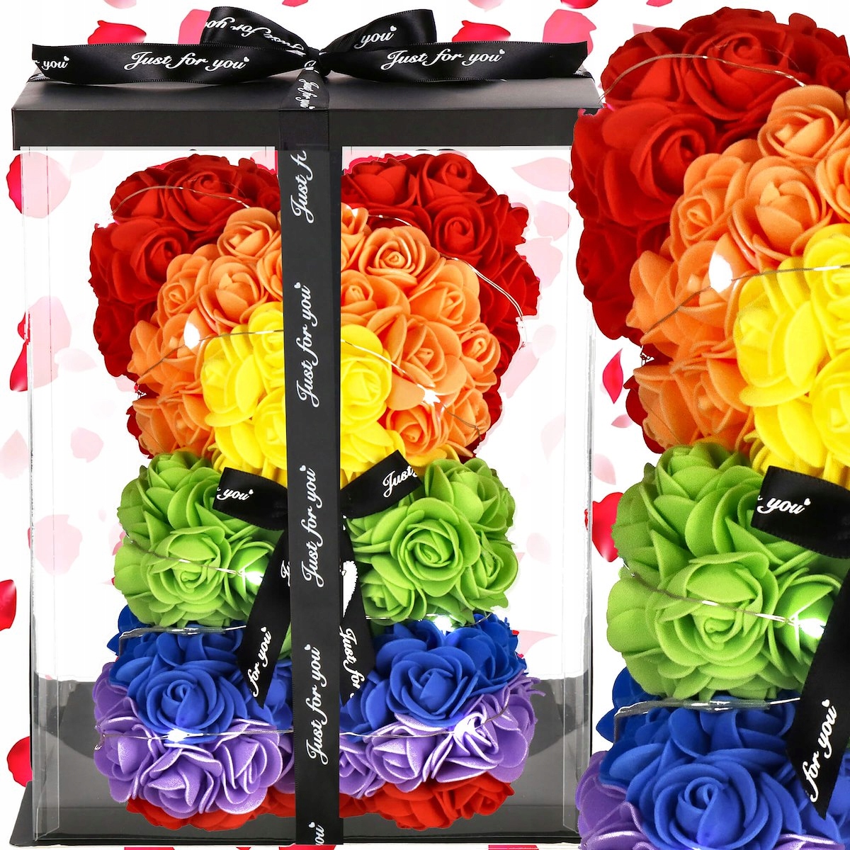 MIŚ Z RÓŻ 30 CM ROSE BEAR Z PŁATKÓW RÓŻ KOKARDA PUDEŁKO NA PREZENT+20LED