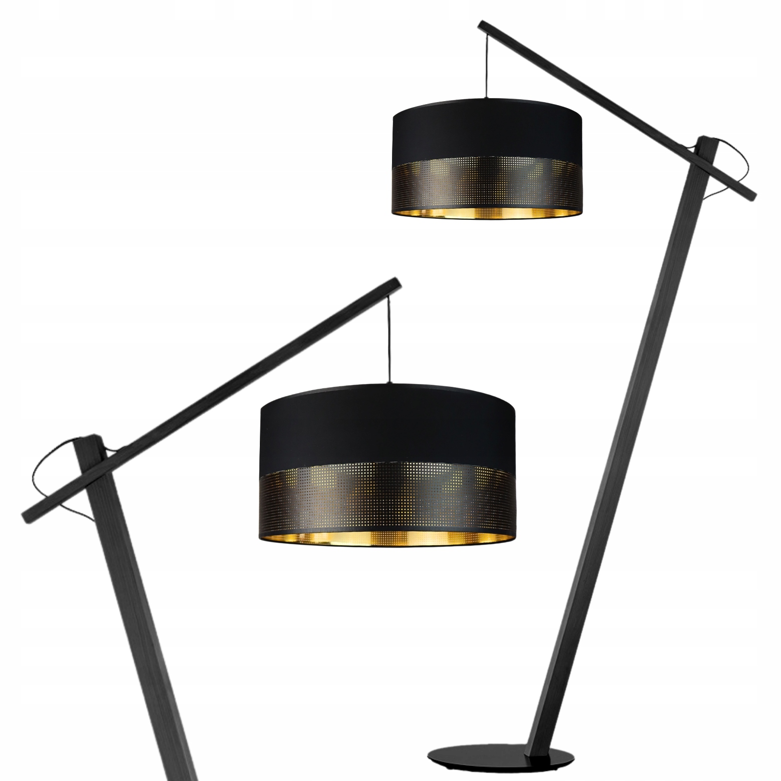 Lampa Stojąca Podłogowa Czarna Drewniana Abażur Led E27 Nowoczesna Loftowa
