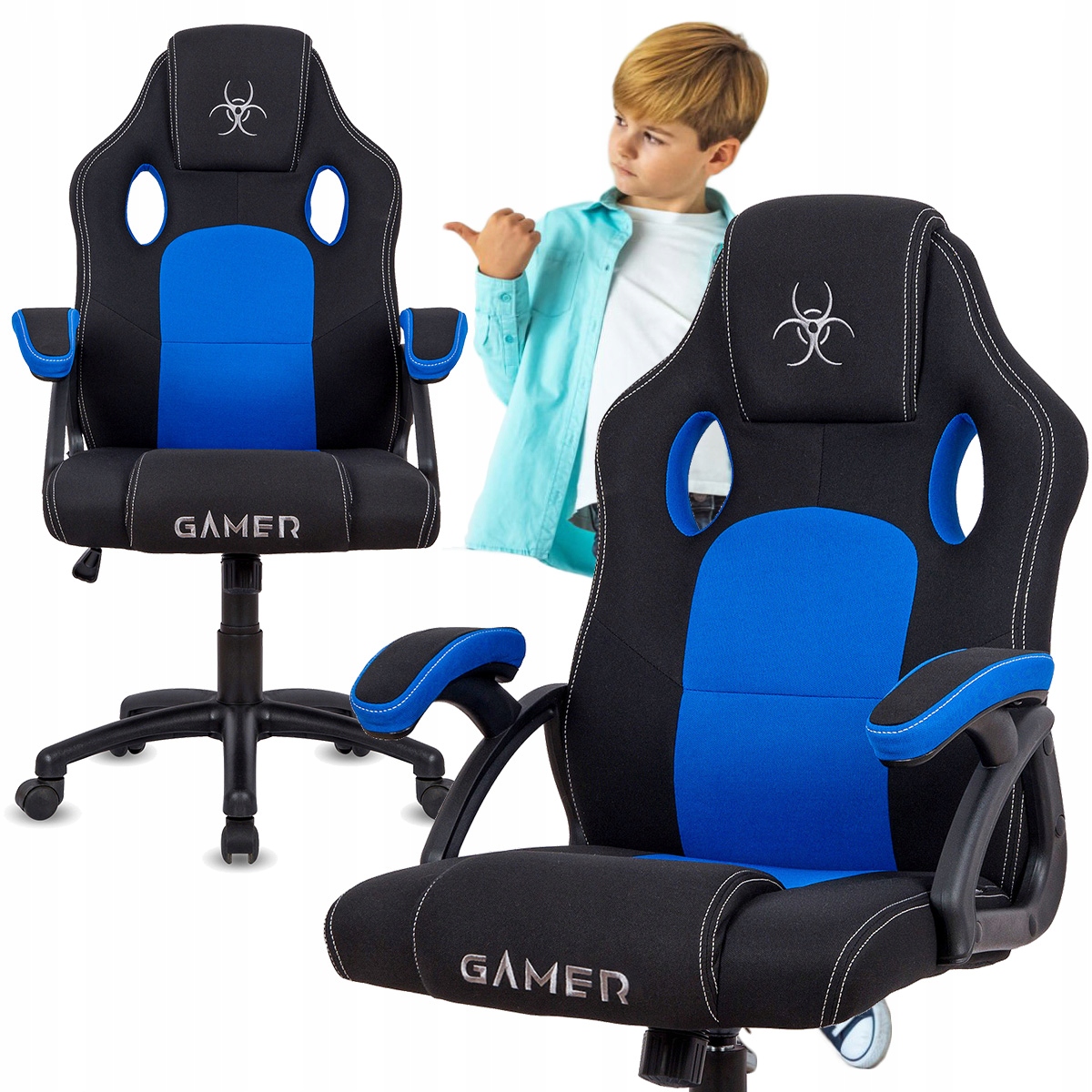 Fotel gamingowy obrotowy gracza tkanina niebieskie krzesło do biurka ucznia