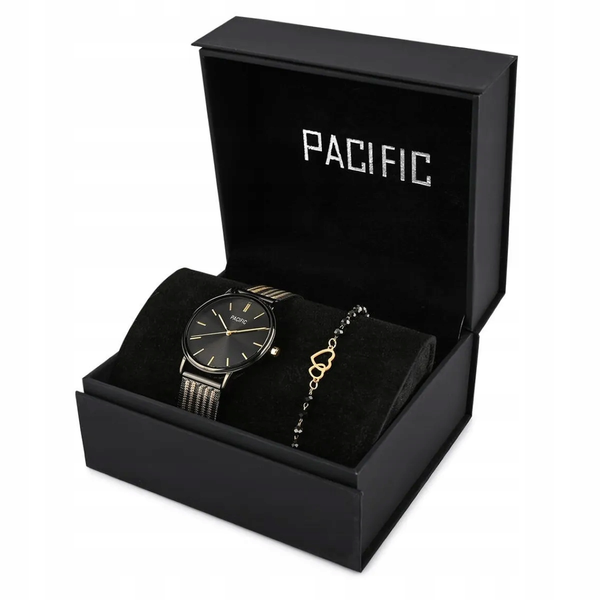 Komplet jako dárek k dámským černým hodinkám, náramek se srdíčky Pacific